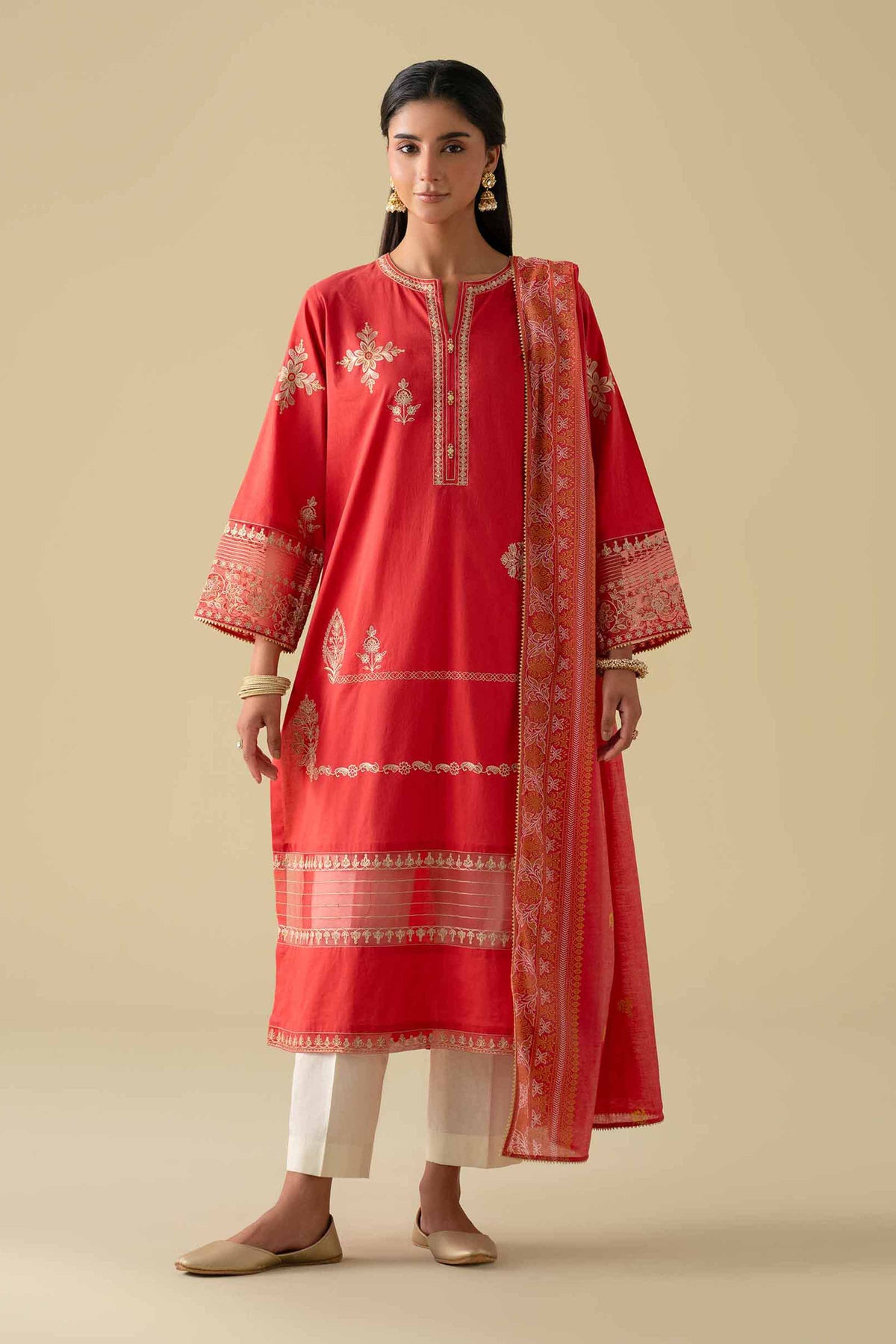 2 Piece - Printed Embroidered Suit - KFE26-27Red Cambric 2PC Embroidered Nishat Australia