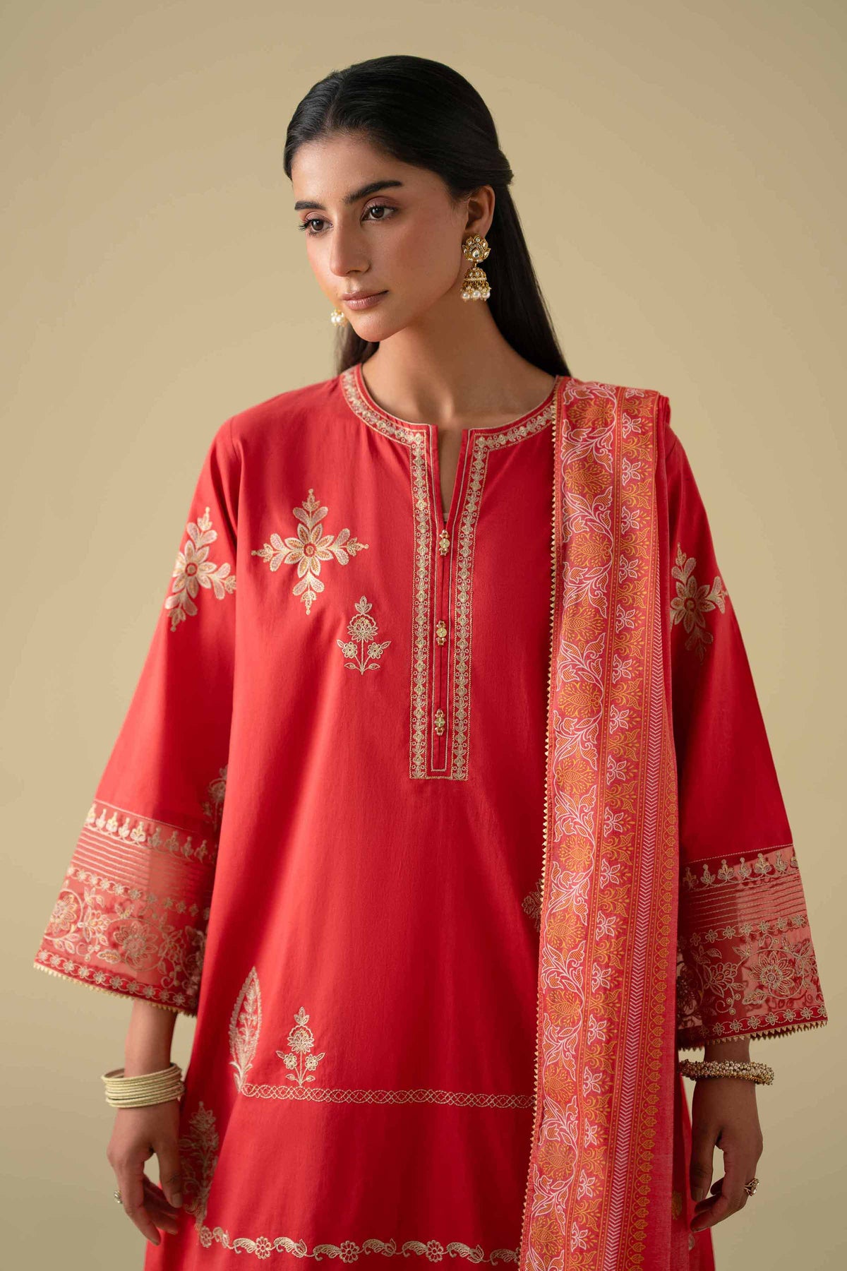 2 Piece - Printed Embroidered Suit - KFE26-27Red Cambric 2PC Embroidered Nishat Australia