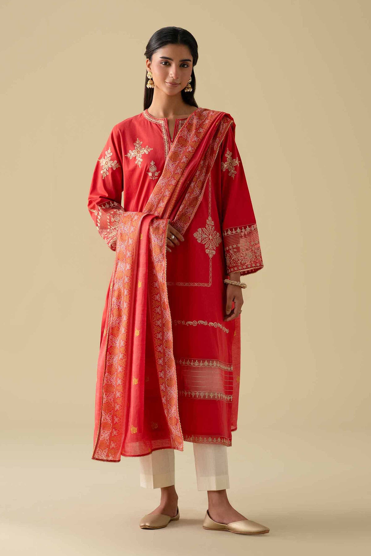 2 Piece - Printed Embroidered Suit - KFE26-27Red Cambric 2PC Embroidered Nishat Australia