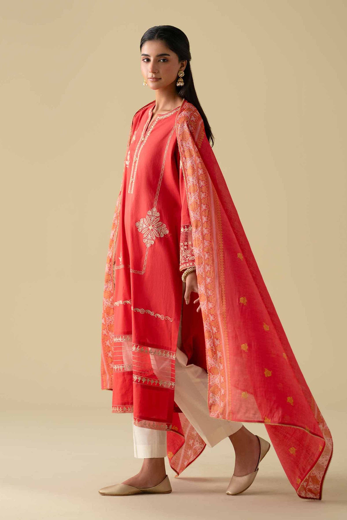 2 Piece - Printed Embroidered Suit - KFE26-27Red Cambric 2PC Embroidered Nishat Australia