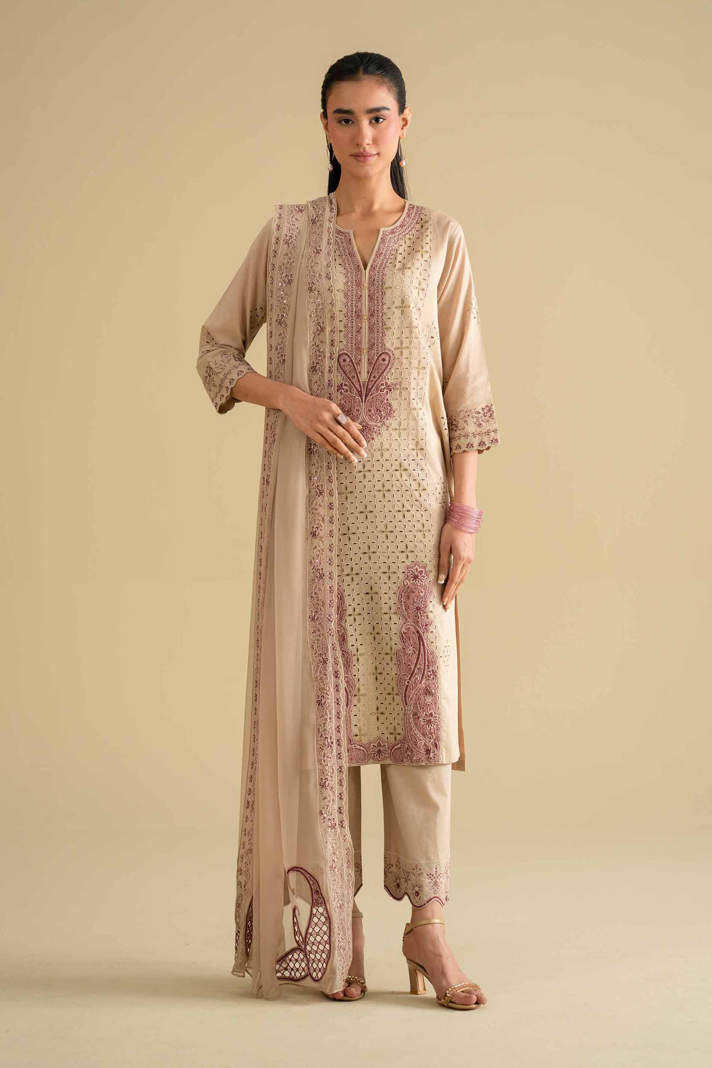 3 Piece - Embroidered Suit - KFE26-97 Beige Cambric 3PC Embroidered Nishat Australia