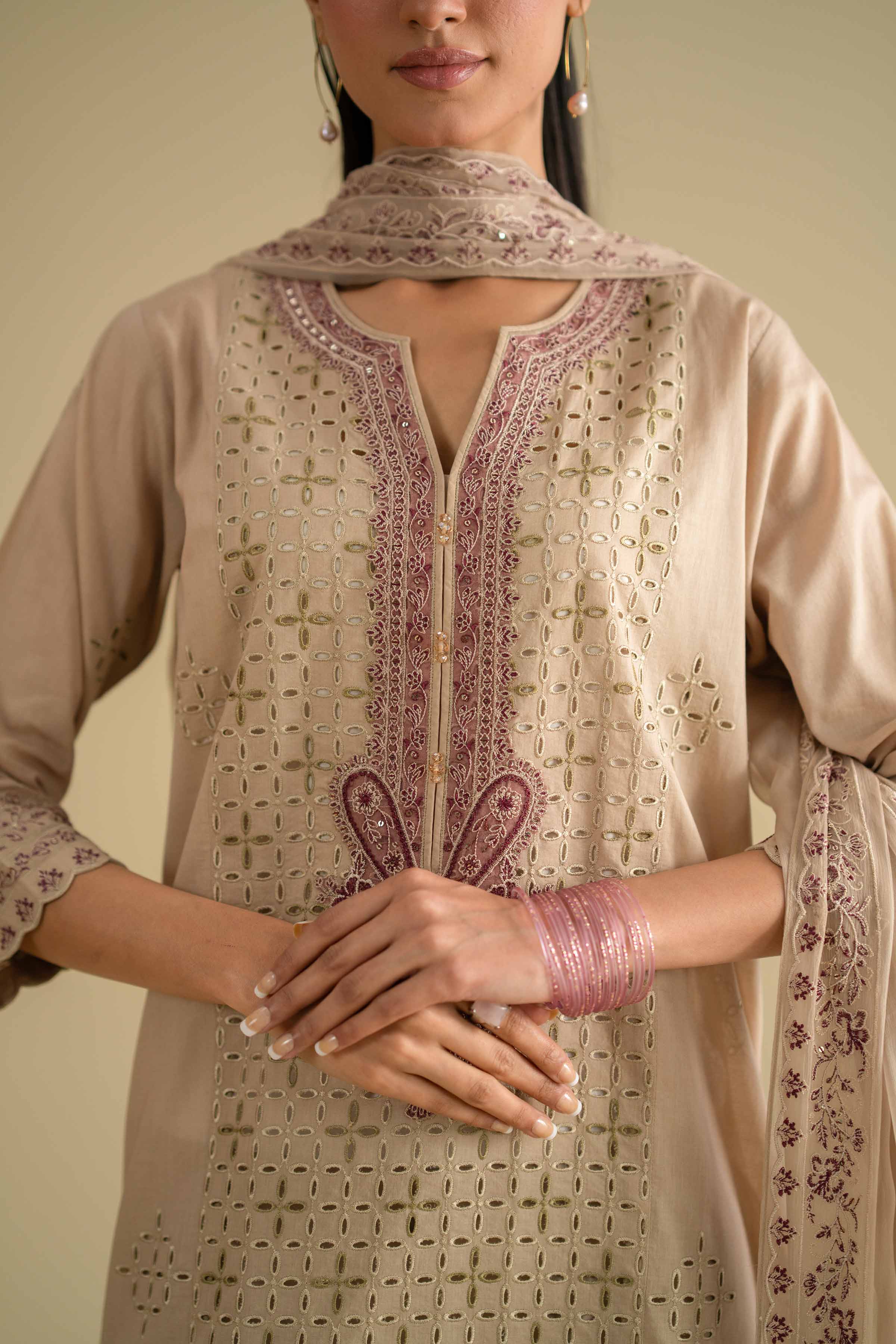 3 Piece - Embroidered Suit - KFE26-97 Beige Cambric 3PC Embroidered Nishat Australia