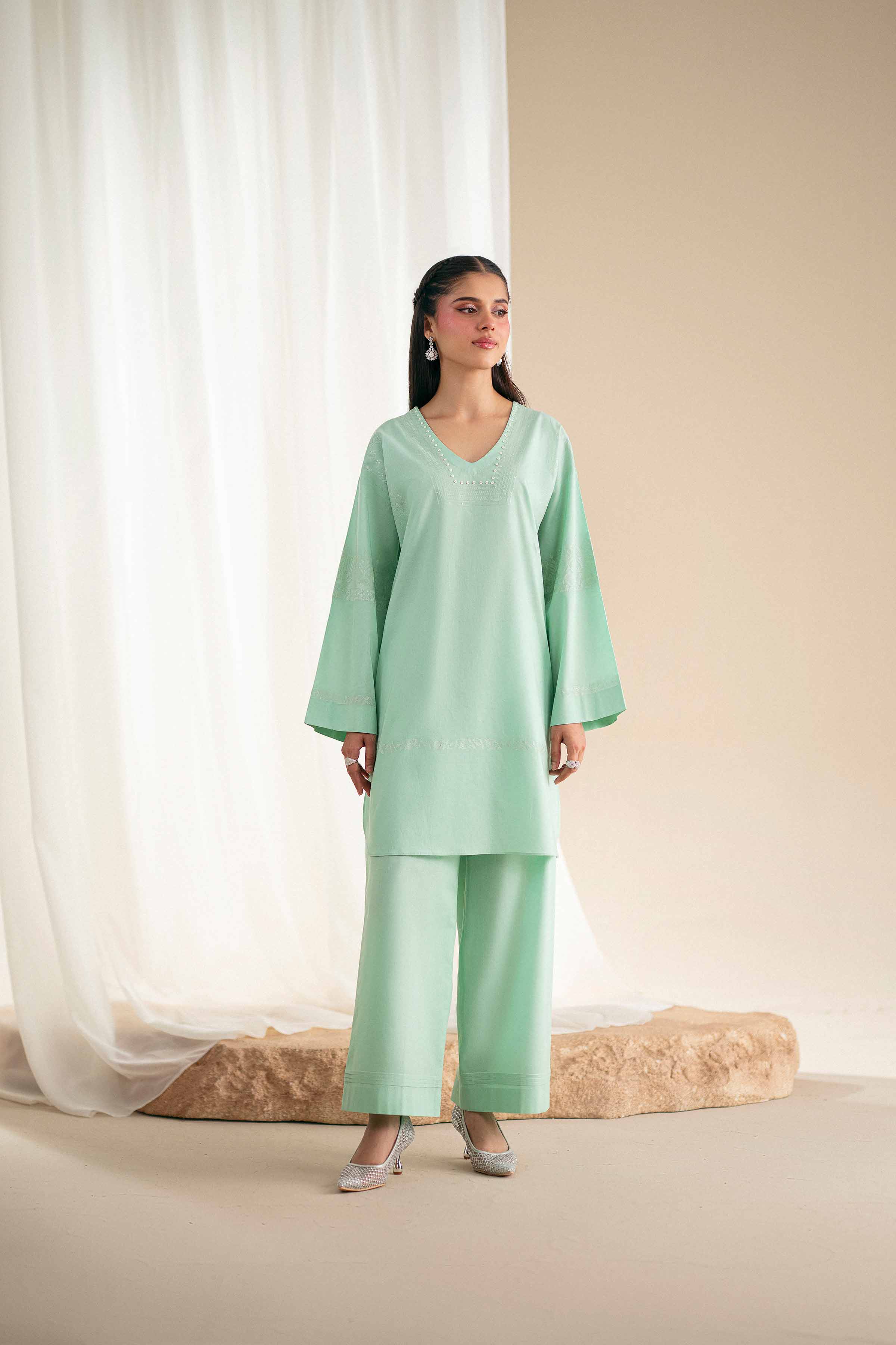 2 Piece - Embroidered Suit - KFS25-110 READY TO WEAR - LUXURY Green Cambric 2PC Embroidered