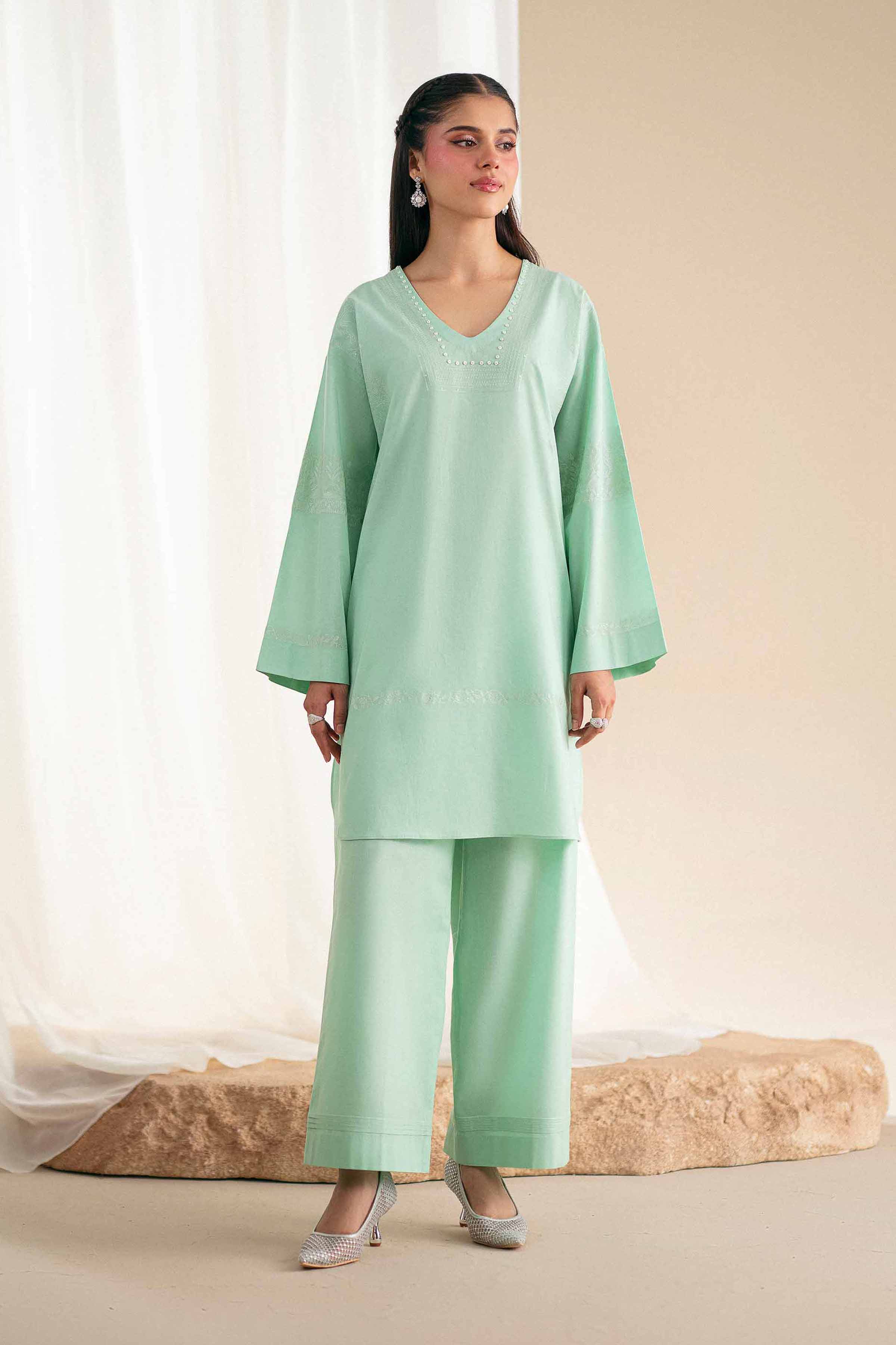 2 Piece - Embroidered Suit - KFS25-110 READY TO WEAR - LUXURY Green Cambric 2PC Embroidered