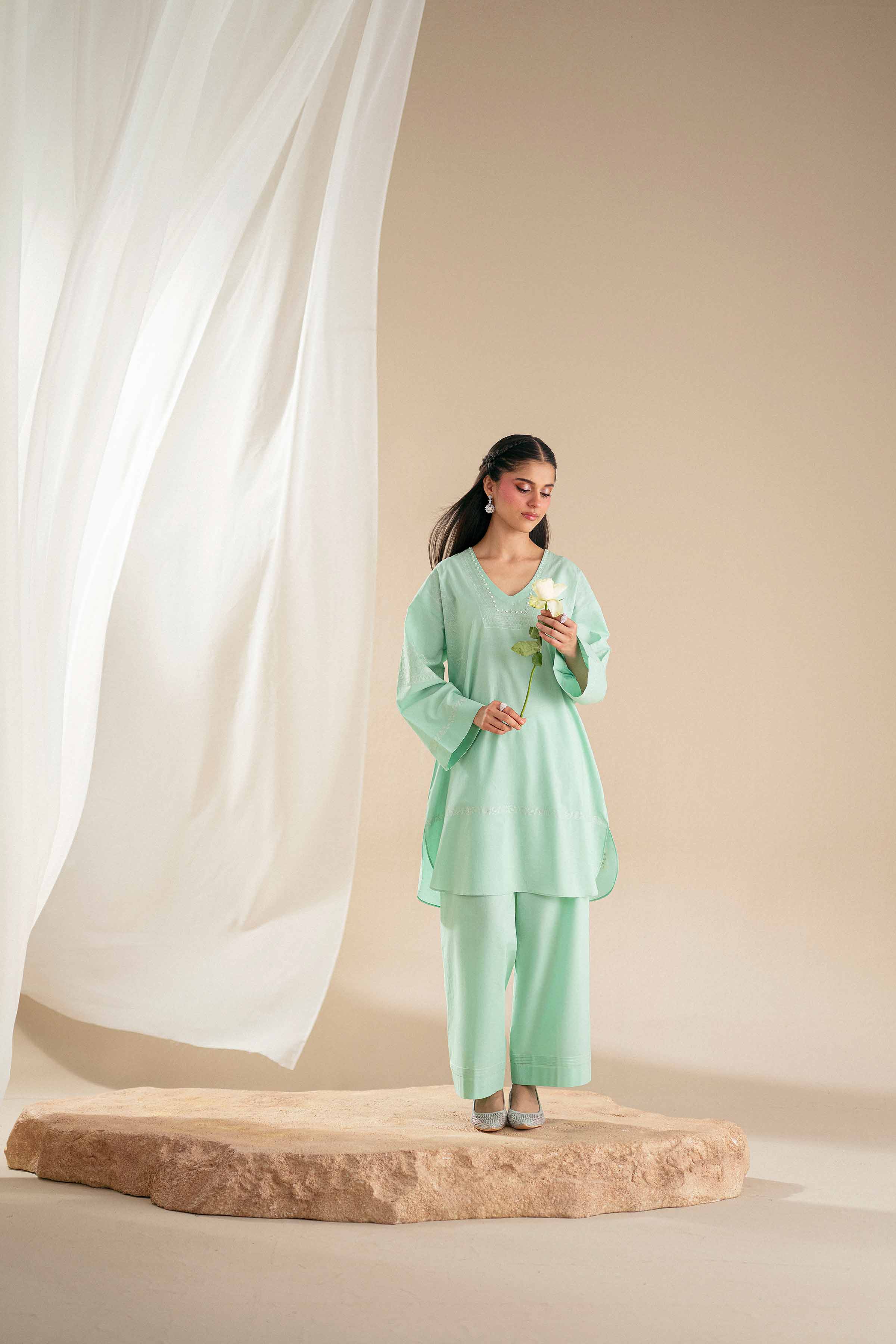 2 Piece - Embroidered Suit - KFS25-110 READY TO WEAR - LUXURY Green Cambric 2PC Embroidered