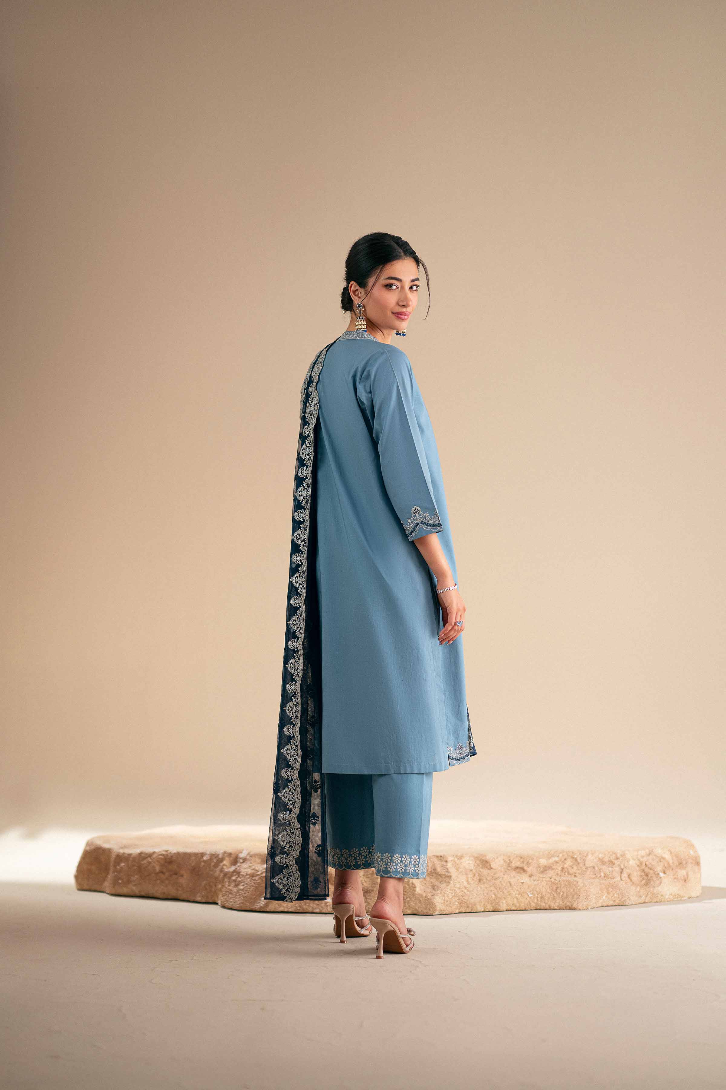 3 Piece - Embroidered Suit - KFS25-122 READY TO WEAR - LUXURY Blue Cambric 3PC Embroidered