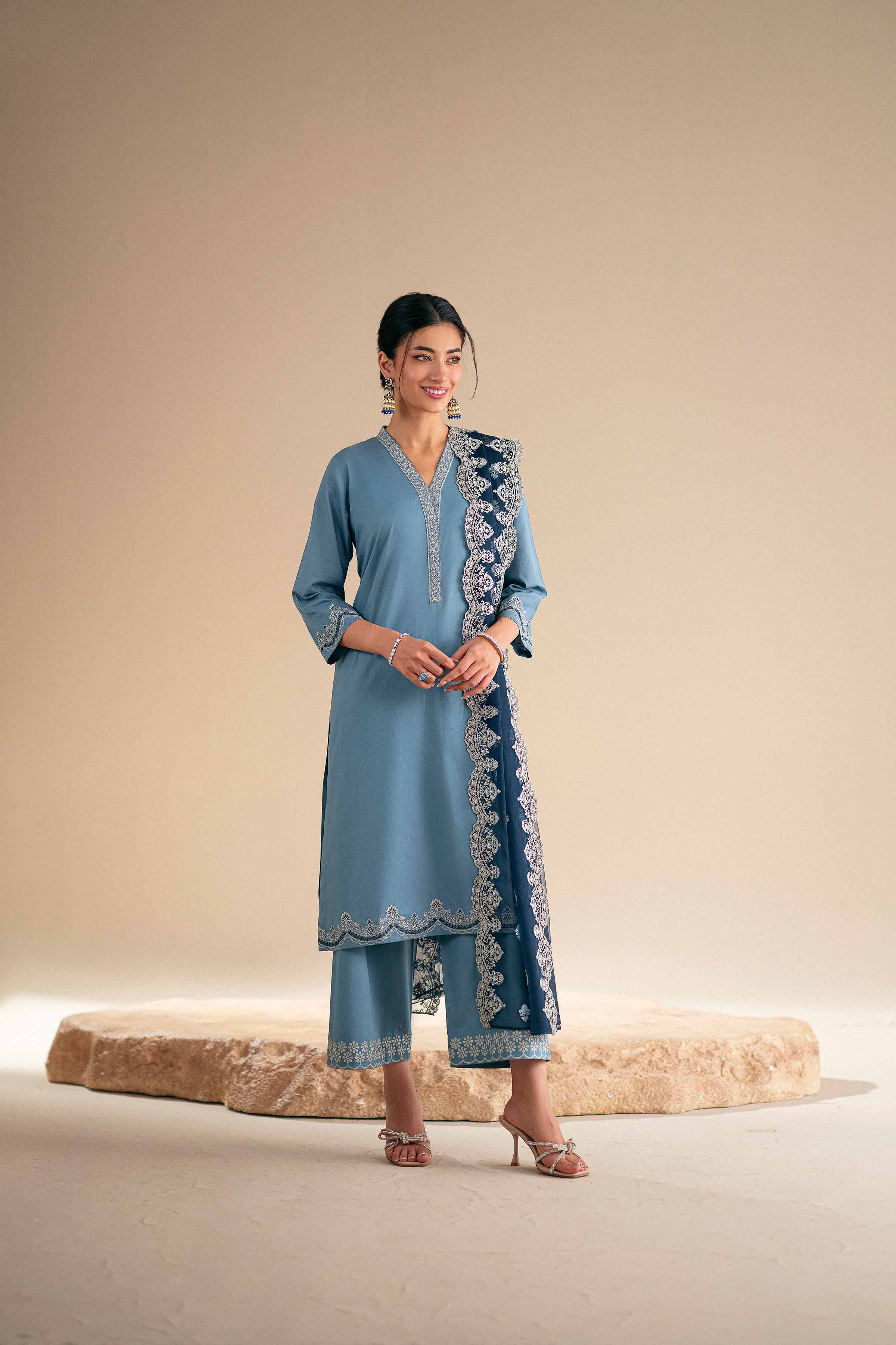 3 Piece - Embroidered Suit - KFS25-122 READY TO WEAR - LUXURY Blue Cambric 3PC Embroidered