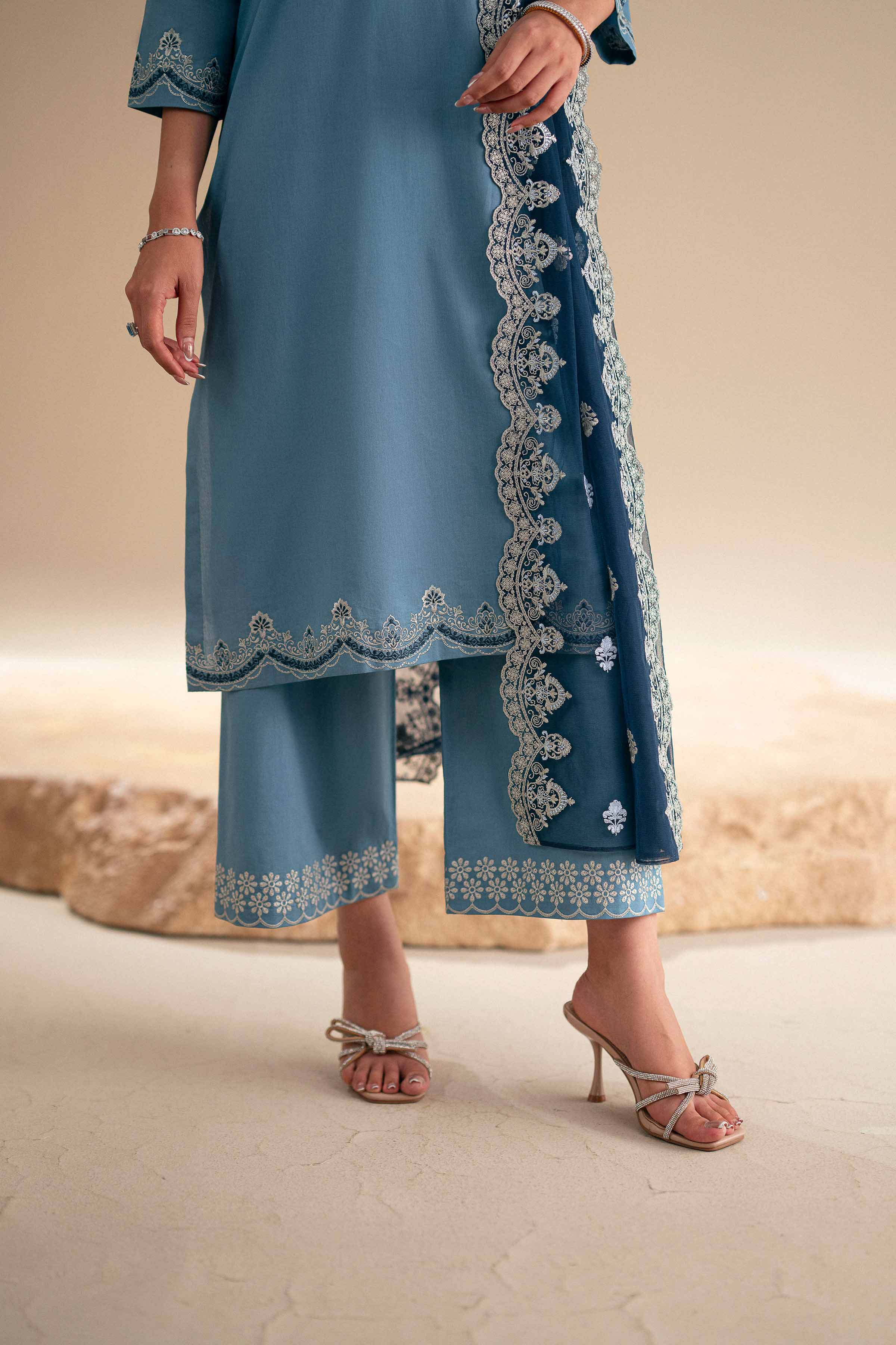 3 Piece - Embroidered Suit - KFS25-122 READY TO WEAR - LUXURY Blue Cambric 3PC Embroidered