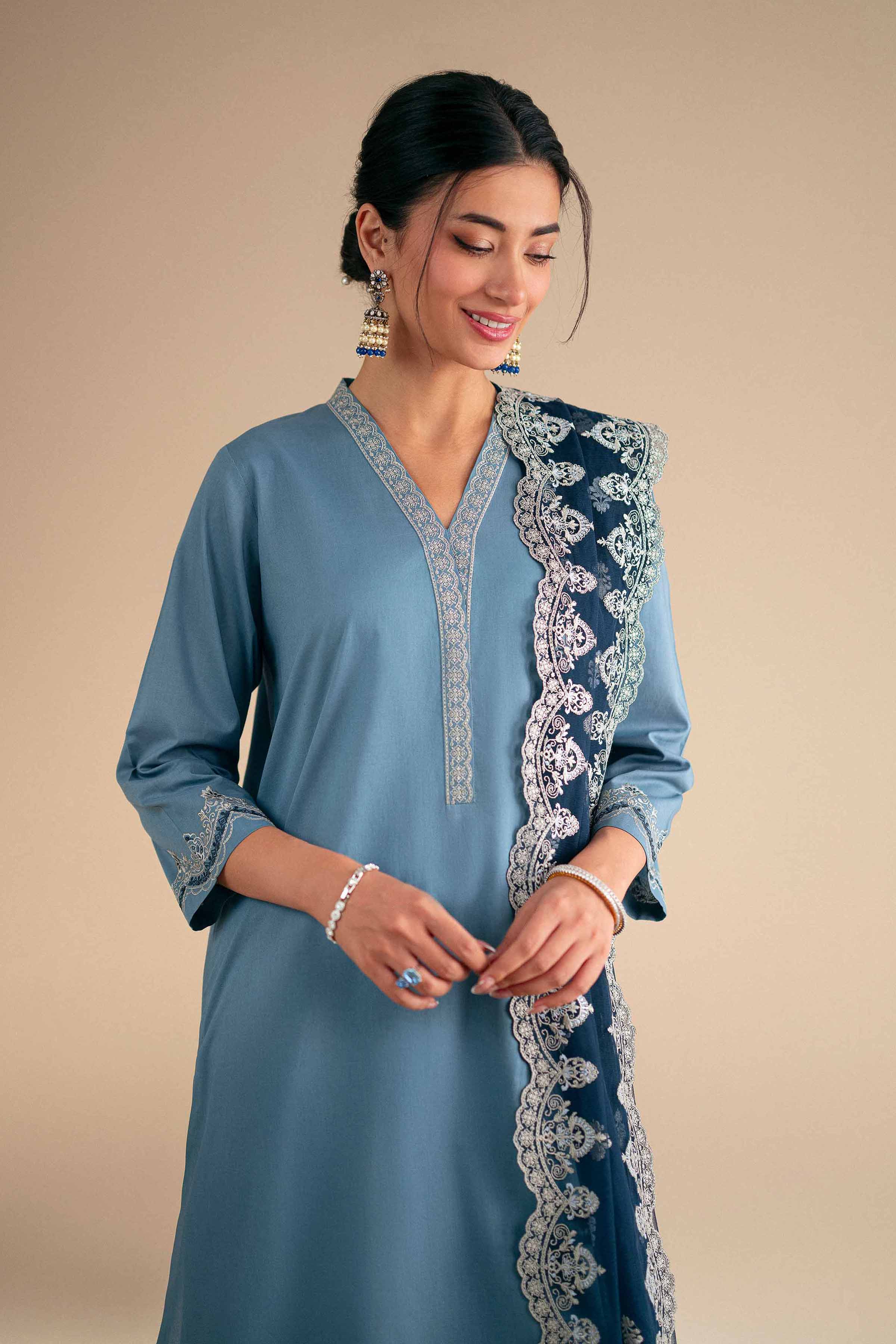3 Piece - Embroidered Suit - KFS25-122 READY TO WEAR - LUXURY Blue Cambric 3PC Embroidered