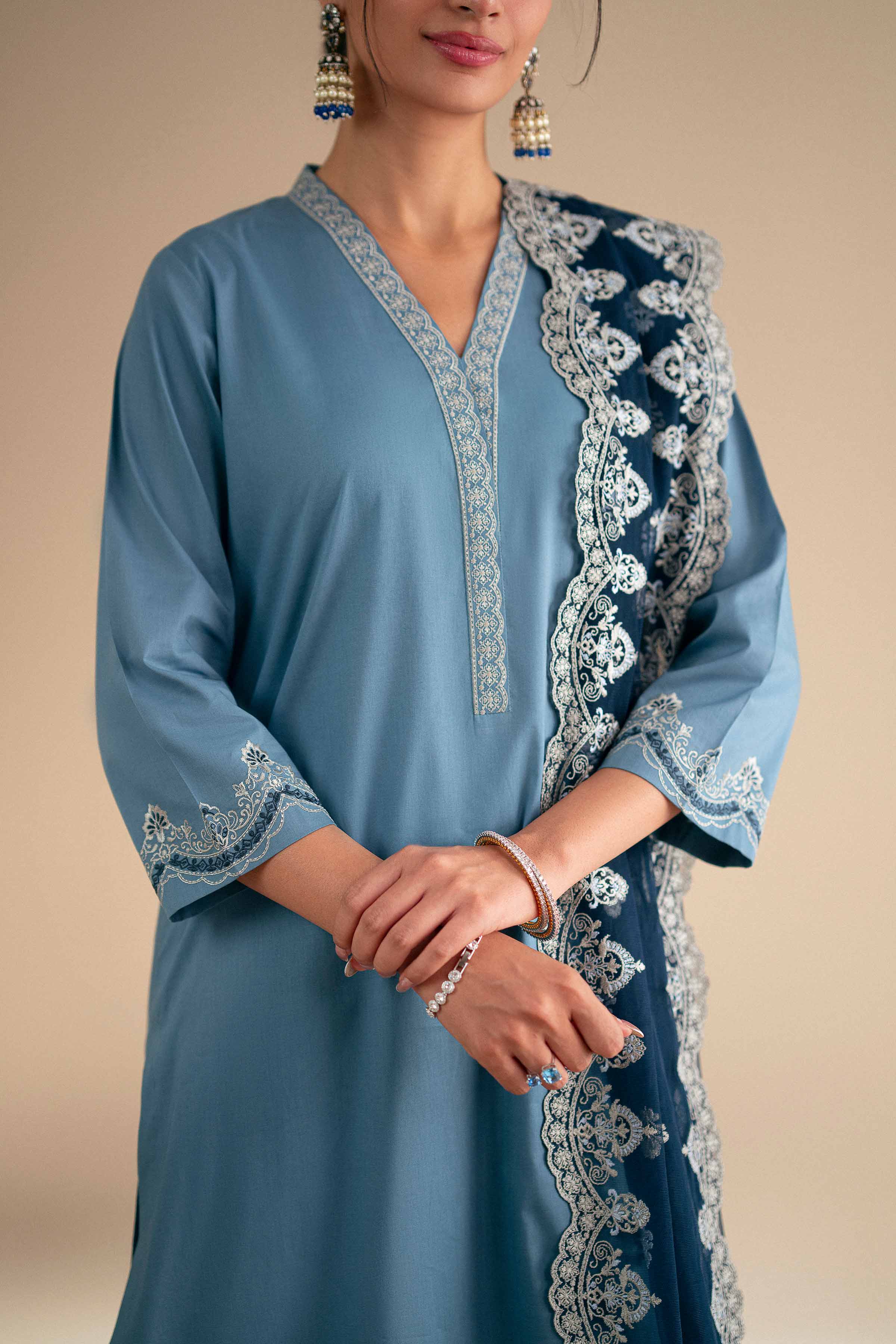 3 Piece - Embroidered Suit - KFS25-122 READY TO WEAR - LUXURY Blue Cambric 3PC Embroidered