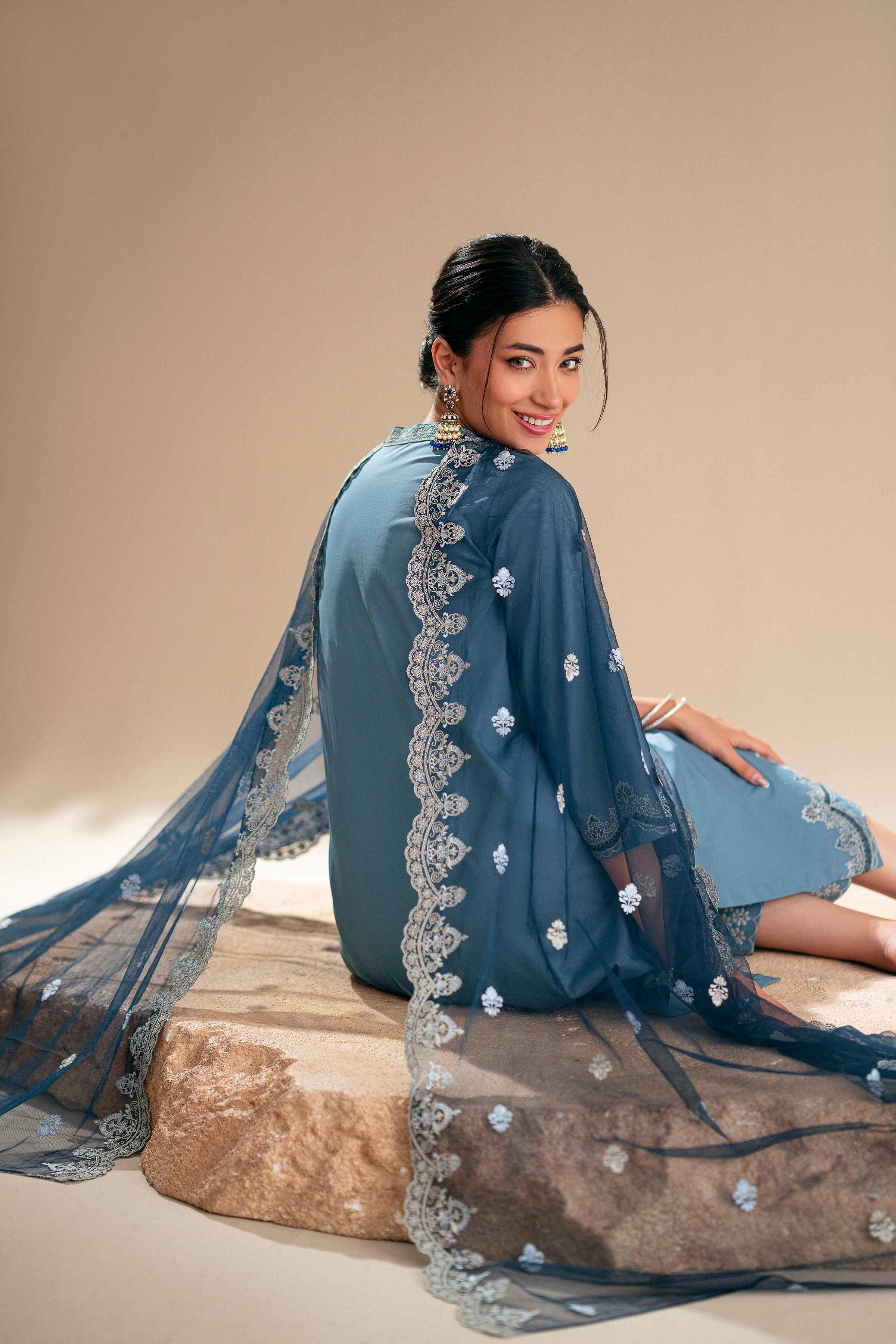 3 Piece - Embroidered Suit - KFS25-122 READY TO WEAR - LUXURY Blue Cambric 3PC Embroidered