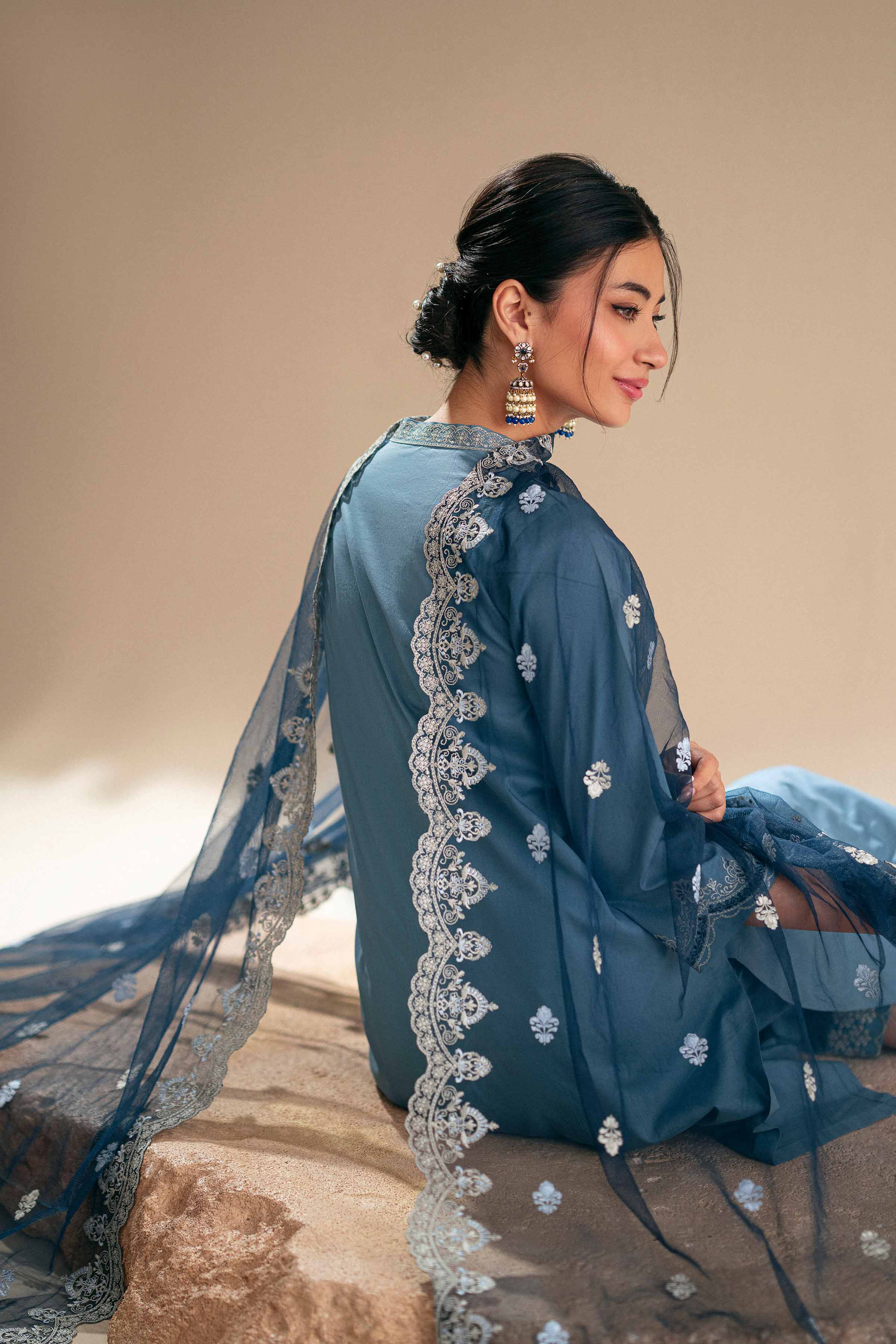 3 Piece - Embroidered Suit - KFS25-122 READY TO WEAR - LUXURY Blue Cambric 3PC Embroidered