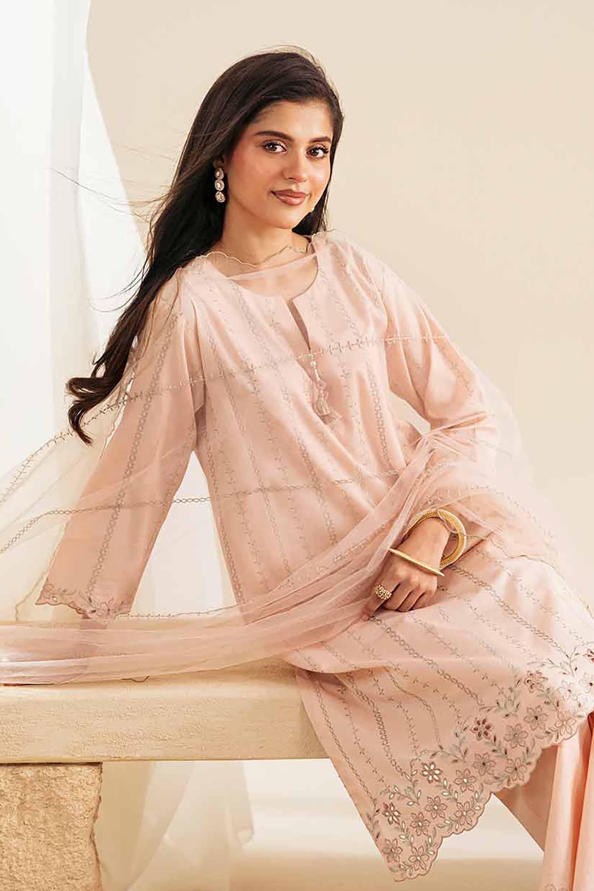 3 Piece - Embroidered Suit - KFS25-123 READY TO WEAR - LUXURY Orange Cambric 3PC Embroidered