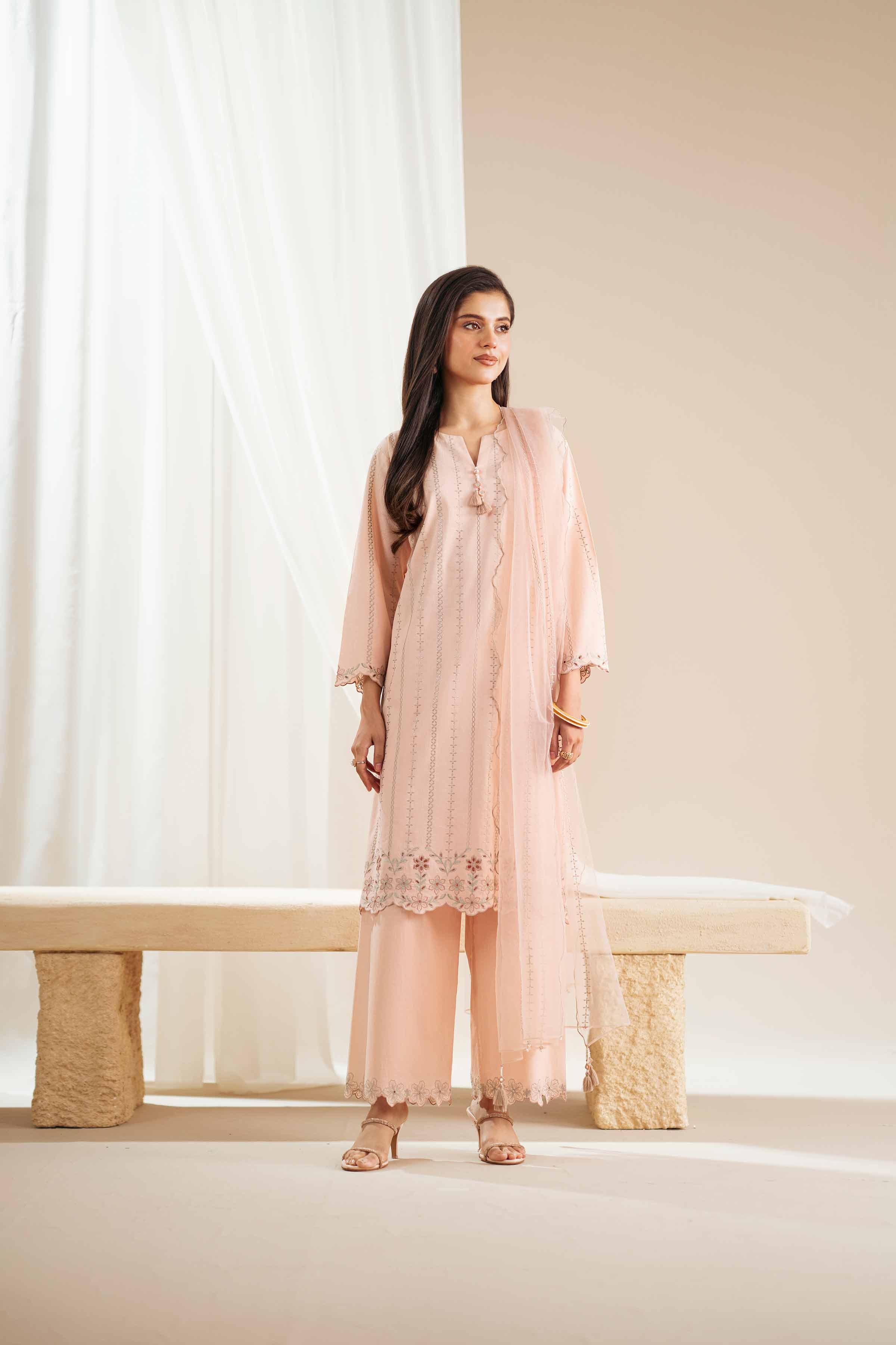 3 Piece - Embroidered Suit - KFS25-123 READY TO WEAR - LUXURY Orange Cambric 3PC Embroidered
