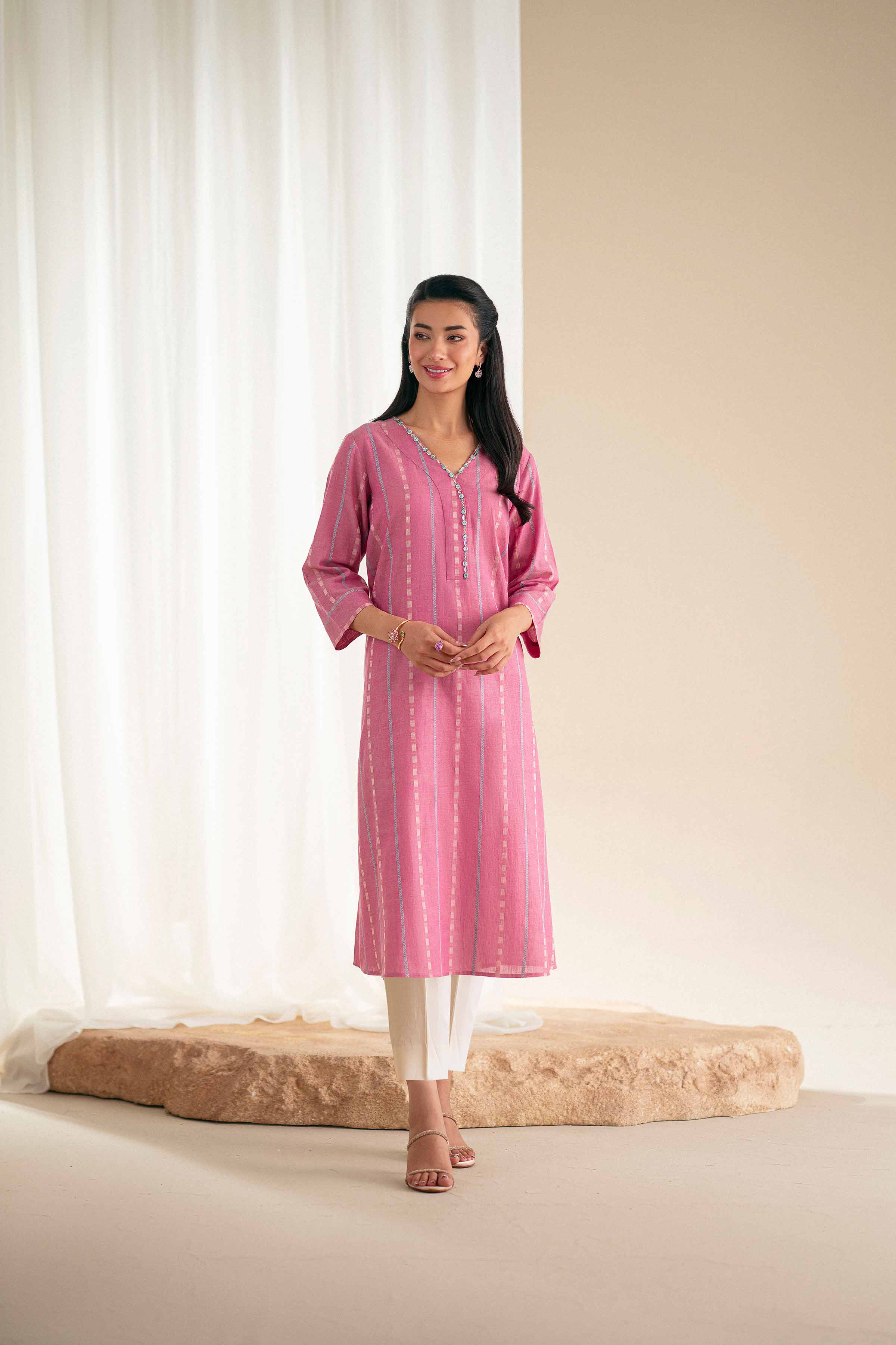 Basic Shirt - KFS25-86 READY TO WEAR - LUXURY Pink Yarn Dyed 1PC Solids