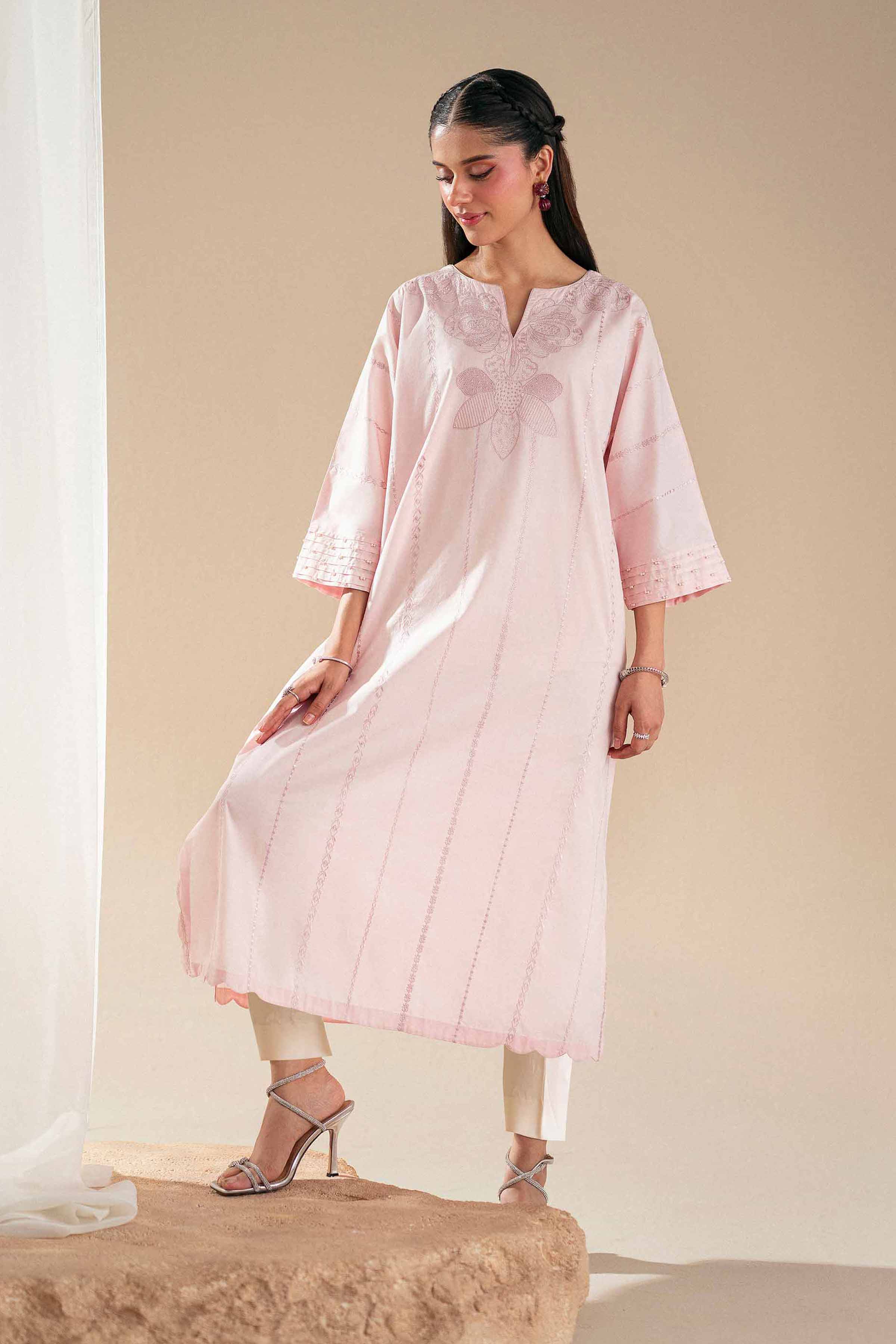 Embroidered Shirt - KFS25-92 READY TO WEAR - LUXURY Pink Cambric 1PC Embroidered