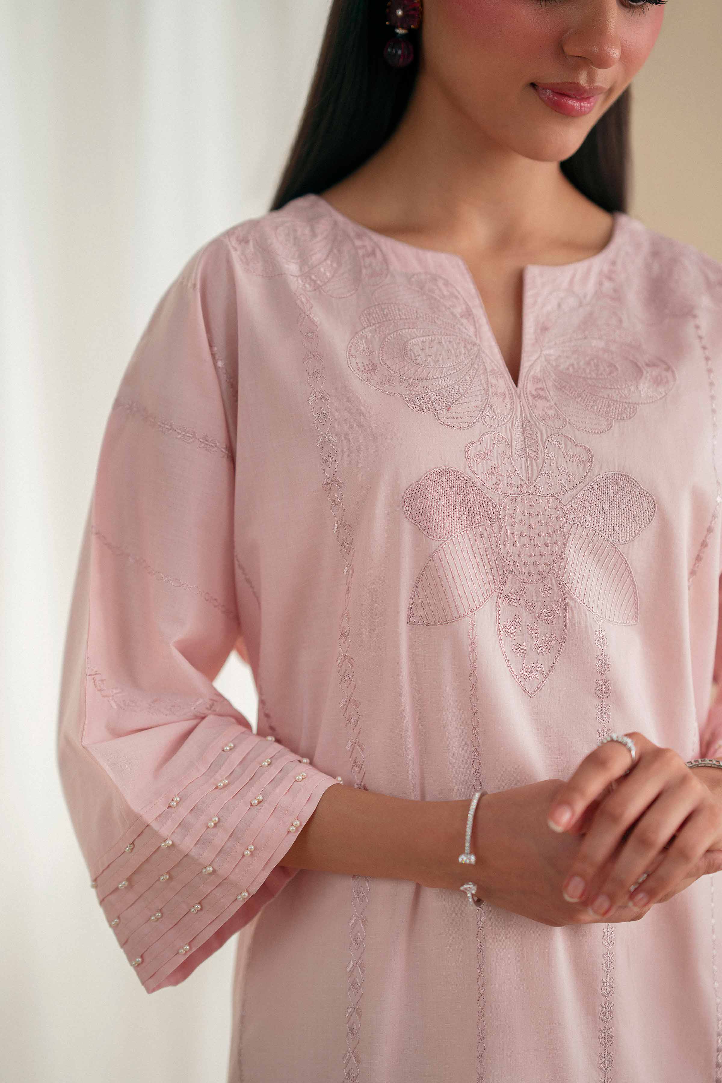 Embroidered Shirt - KFS25-92 READY TO WEAR - LUXURY Pink Cambric 1PC Embroidered