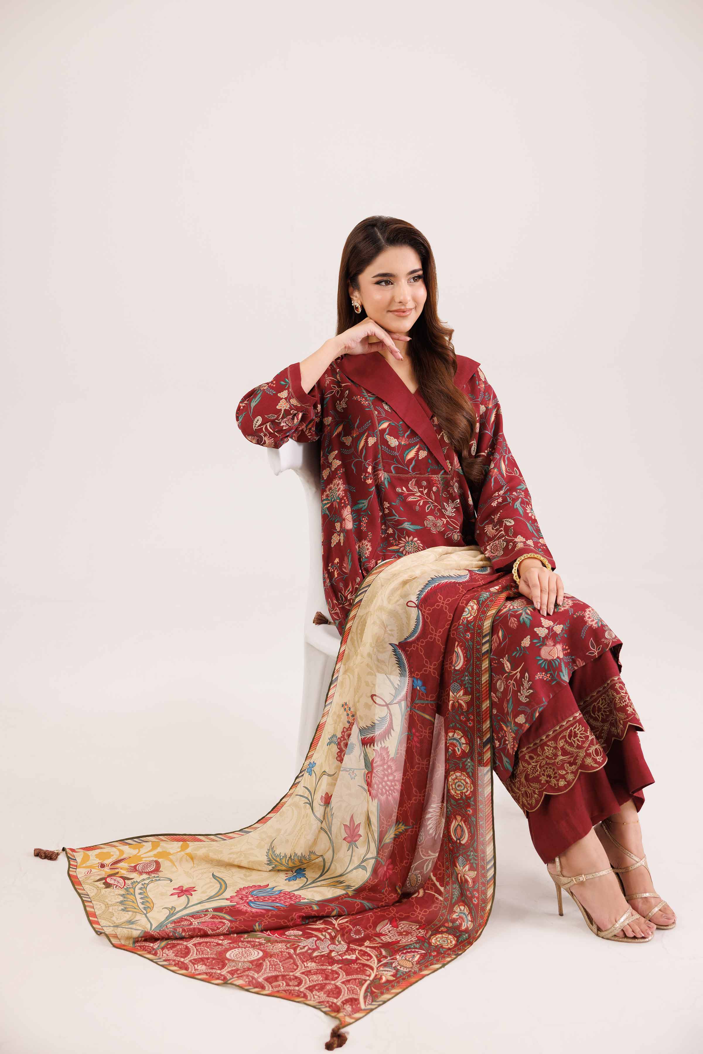 3 Piece - Printed Embroidered Suit - KFW25-100 READY TO WEAR - LUXURY Red Silk 3PC Embroidered