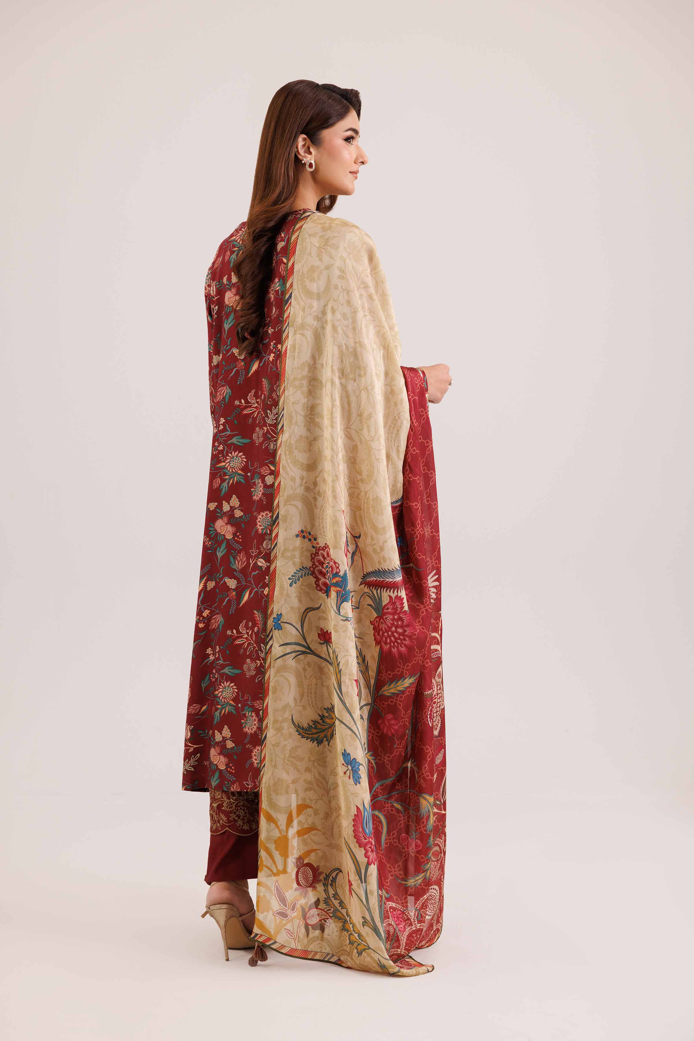 3 Piece - Printed Embroidered Suit - KFW25-100 READY TO WEAR - LUXURY Red Silk 3PC Embroidered