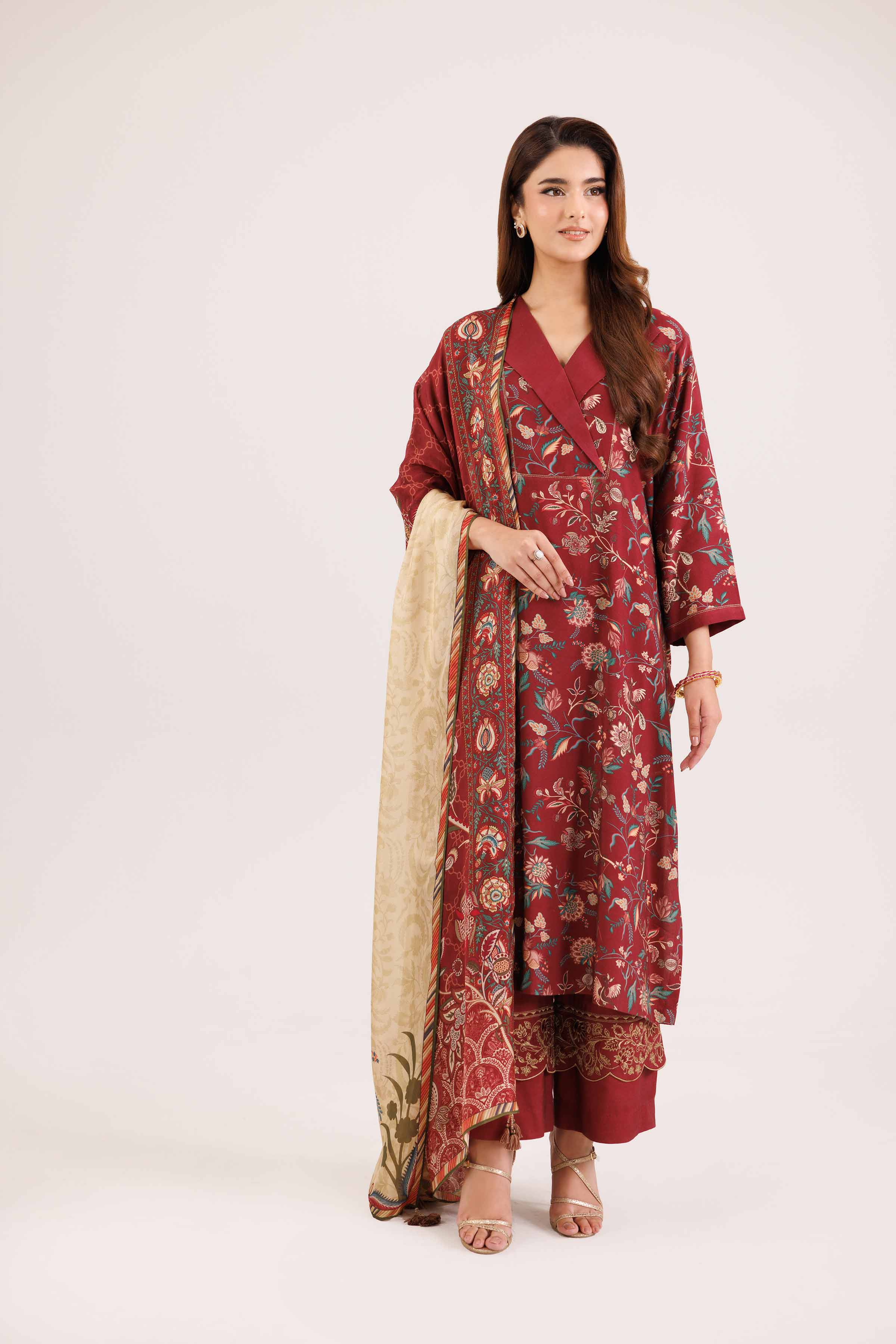 3 Piece - Printed Embroidered Suit - KFW25-100 READY TO WEAR - LUXURY Red Silk 3PC Embroidered
