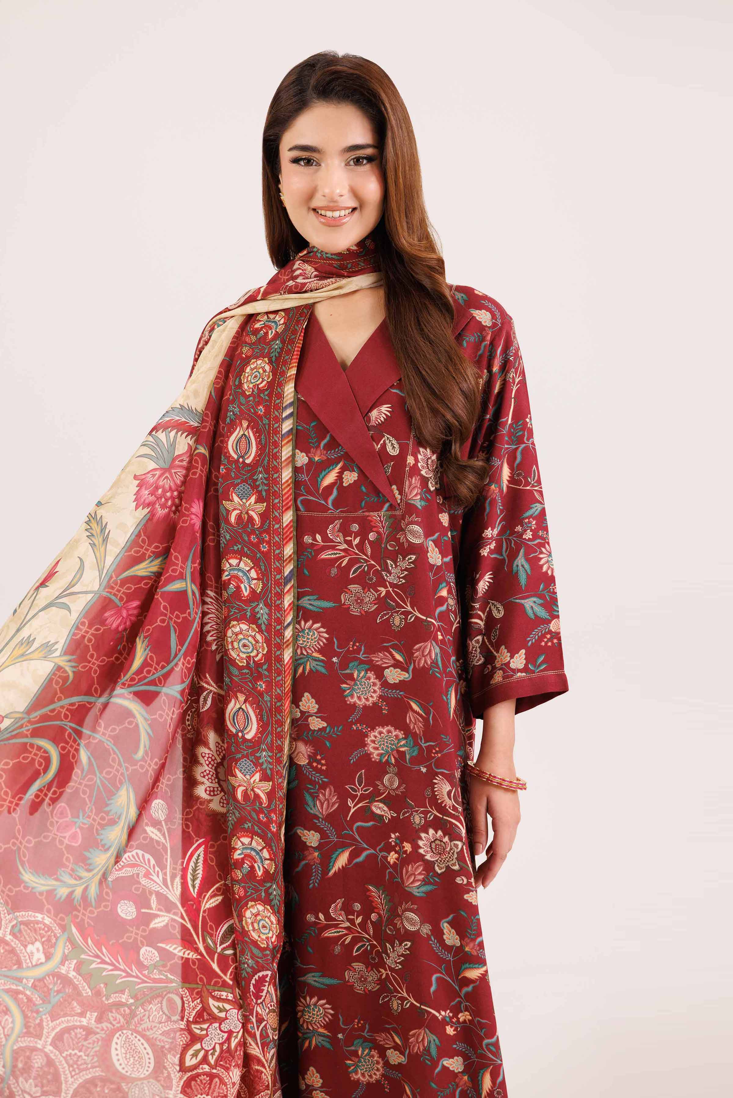 3 Piece - Printed Embroidered Suit - KFW25-100 READY TO WEAR - LUXURY Red Silk 3PC Embroidered