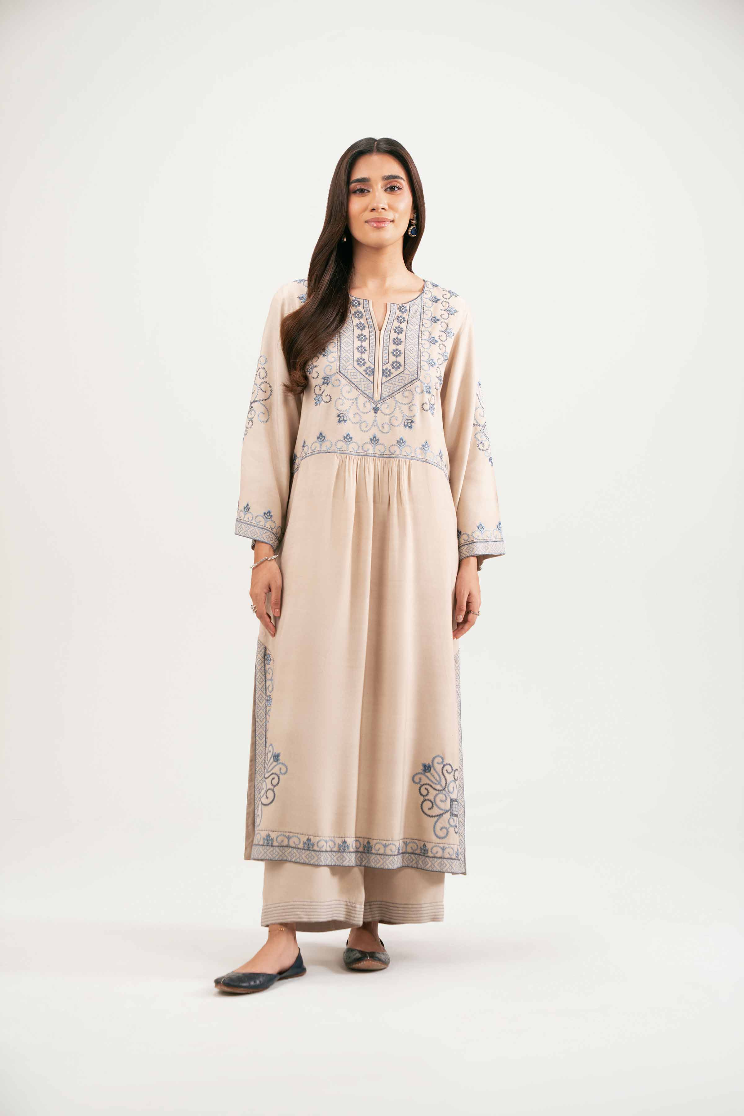 2 Piece - Embroidered Suit - KFW25-102 READY TO WEAR - LUXURY Beige Silk 2PC Embroidered
