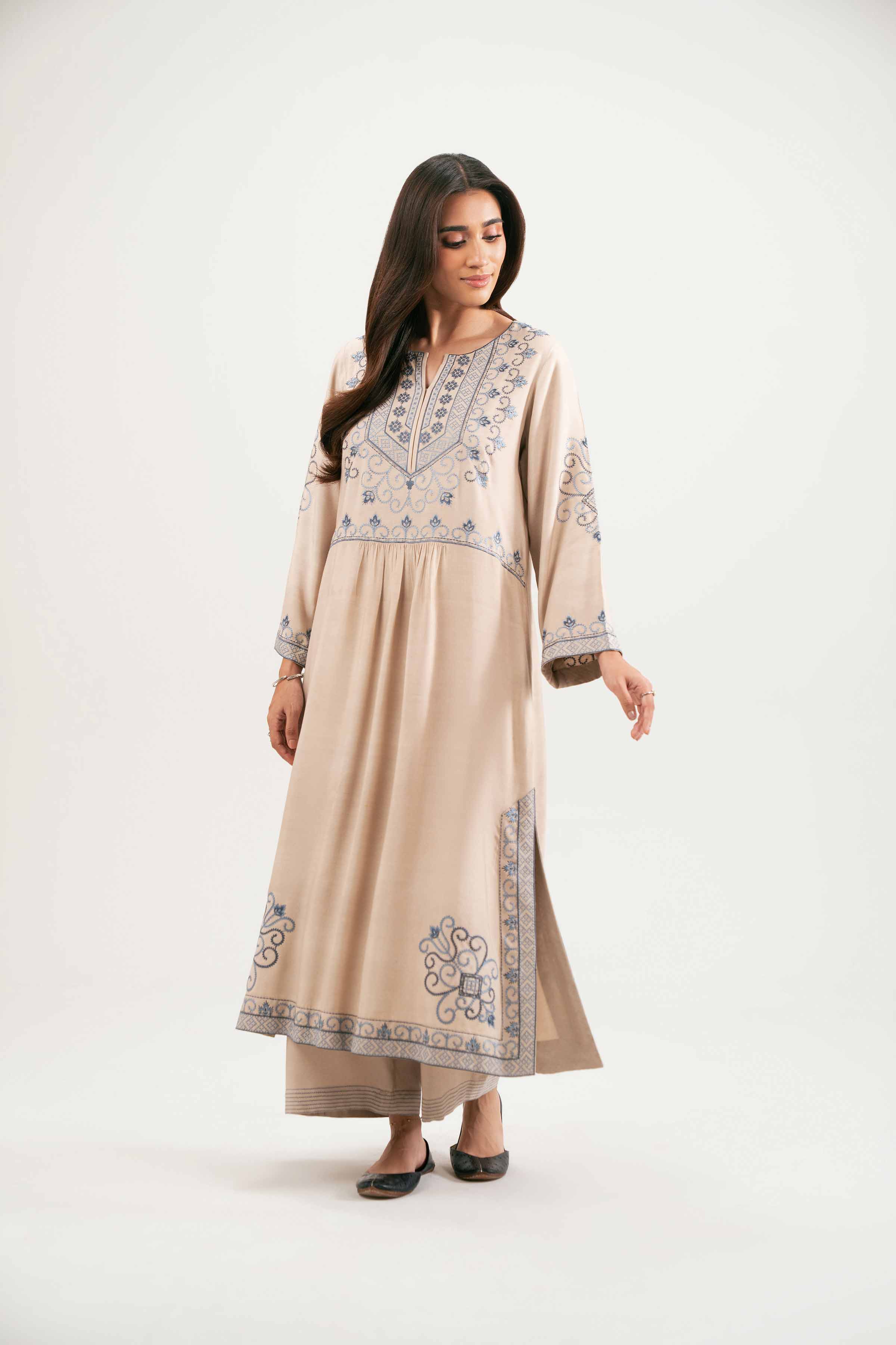 2 Piece - Embroidered Suit - KFW25-102 READY TO WEAR - LUXURY Beige Silk 2PC Embroidered