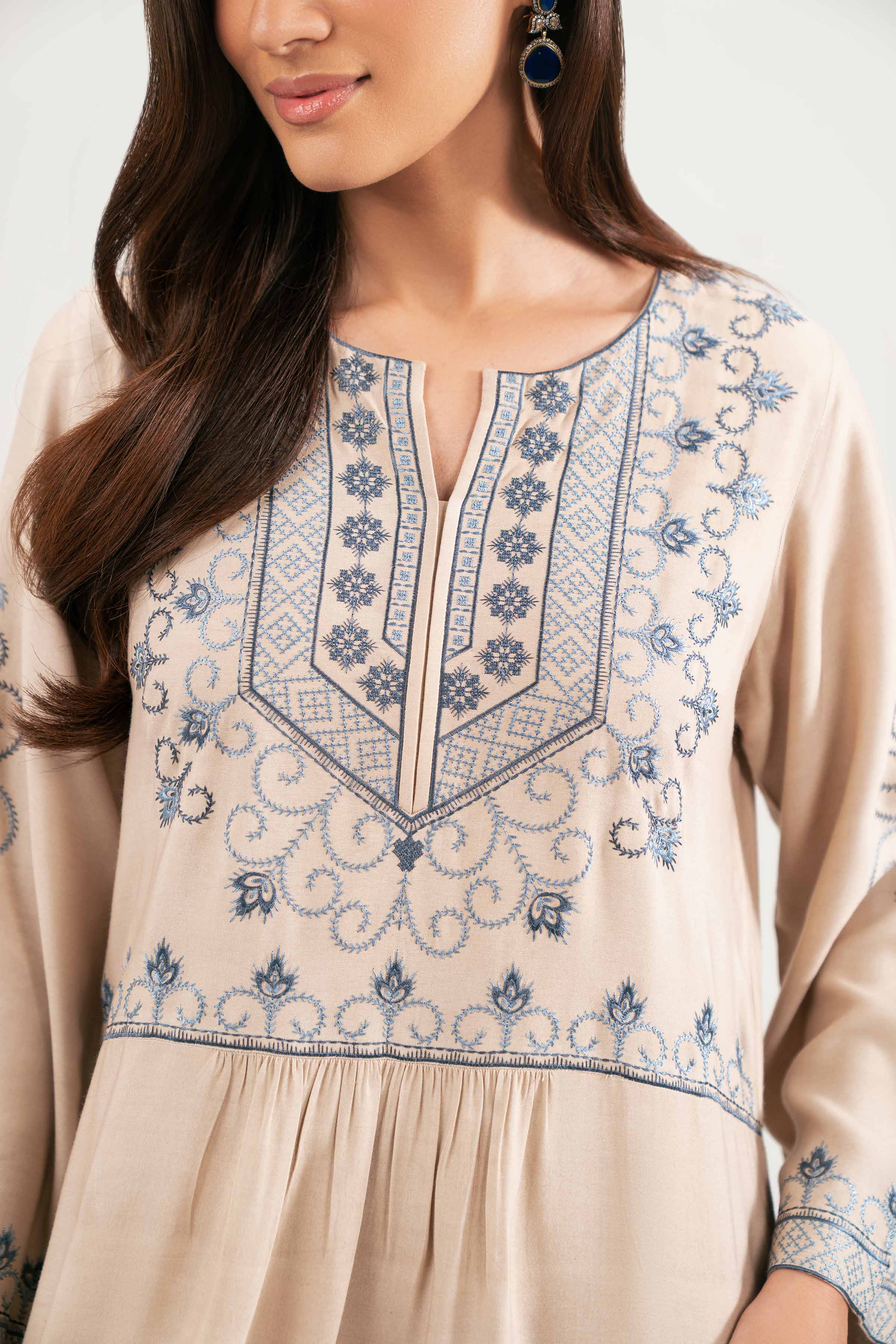 2 Piece - Embroidered Suit - KFW25-102 READY TO WEAR - LUXURY Beige Silk 2PC Embroidered