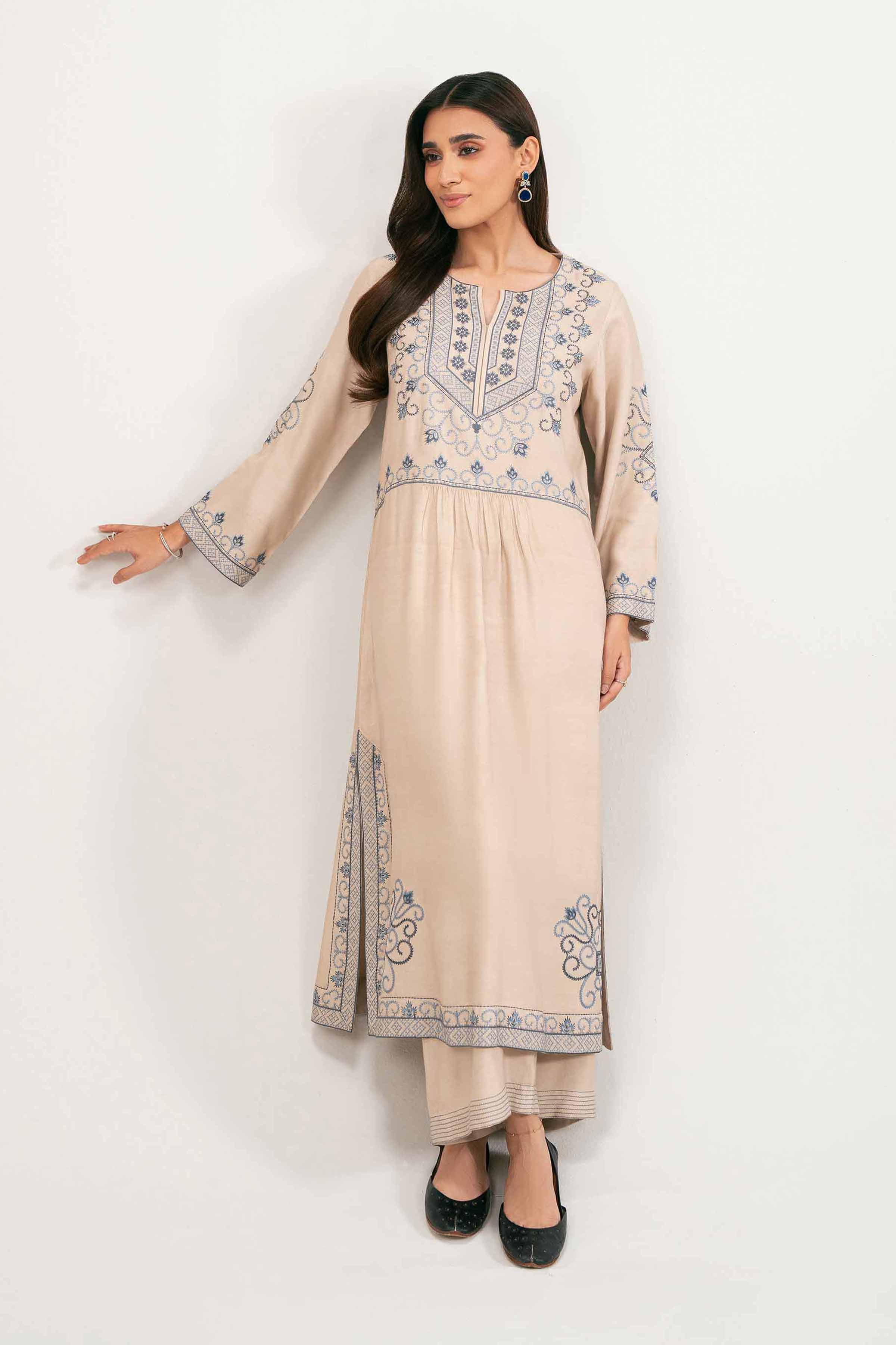 2 Piece - Embroidered Suit - KFW25-102 READY TO WEAR - LUXURY Beige Silk 2PC Embroidered