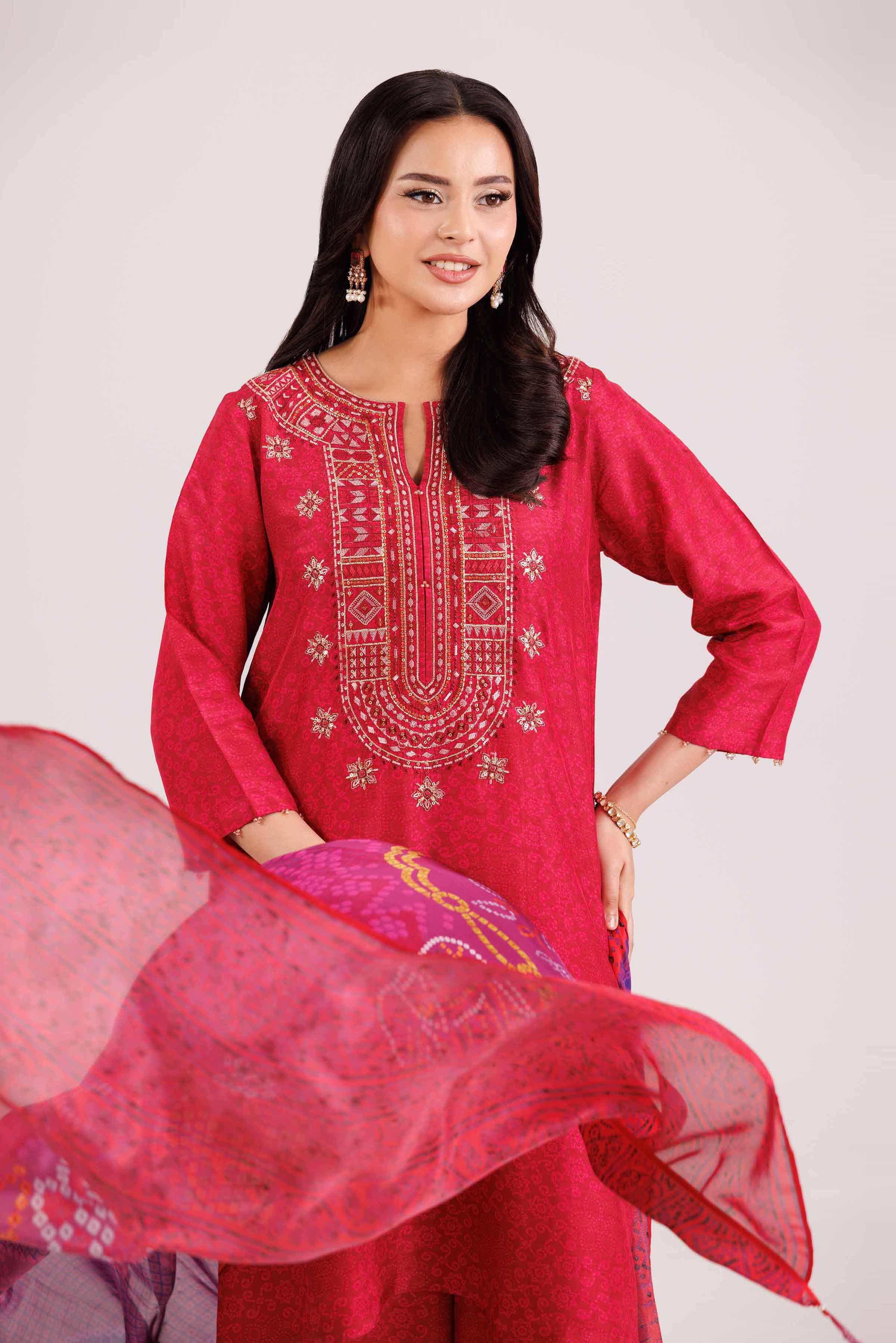 3 Piece - Printed Embroidered Suit - KFW25-103 READY TO WEAR - LUXURY Pink Silk 3PC Embroidered