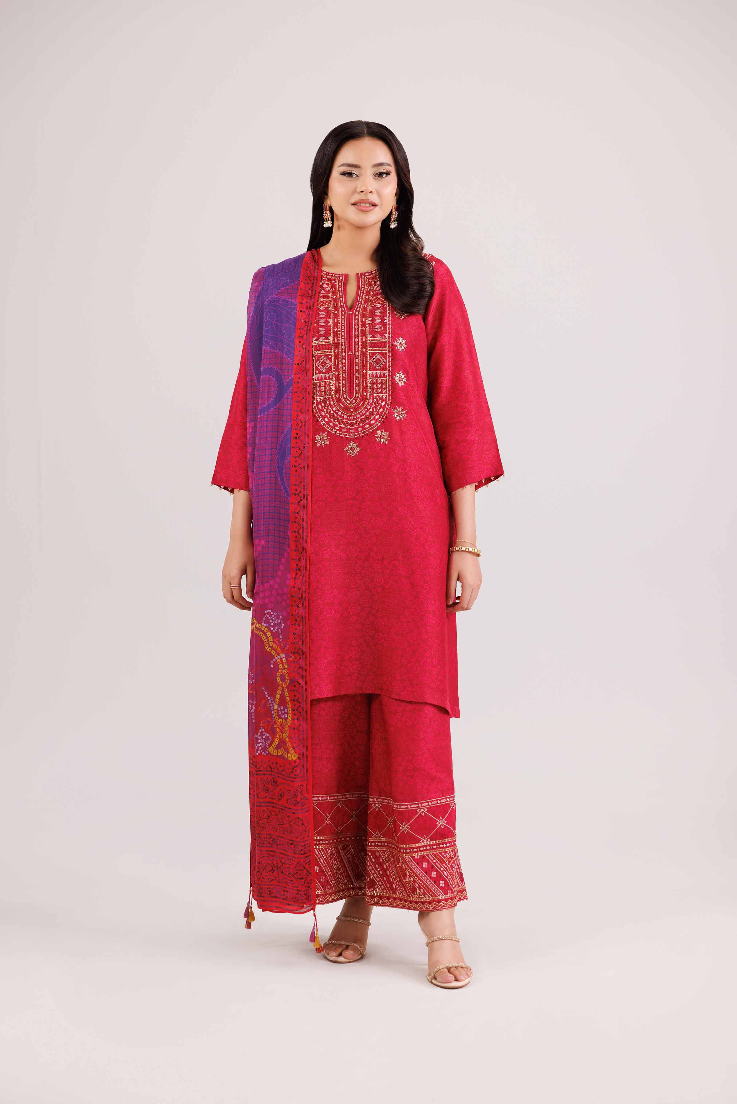 3 Piece - Printed Embroidered Suit - KFW25-103 READY TO WEAR - LUXURY Pink Silk 3PC Embroidered