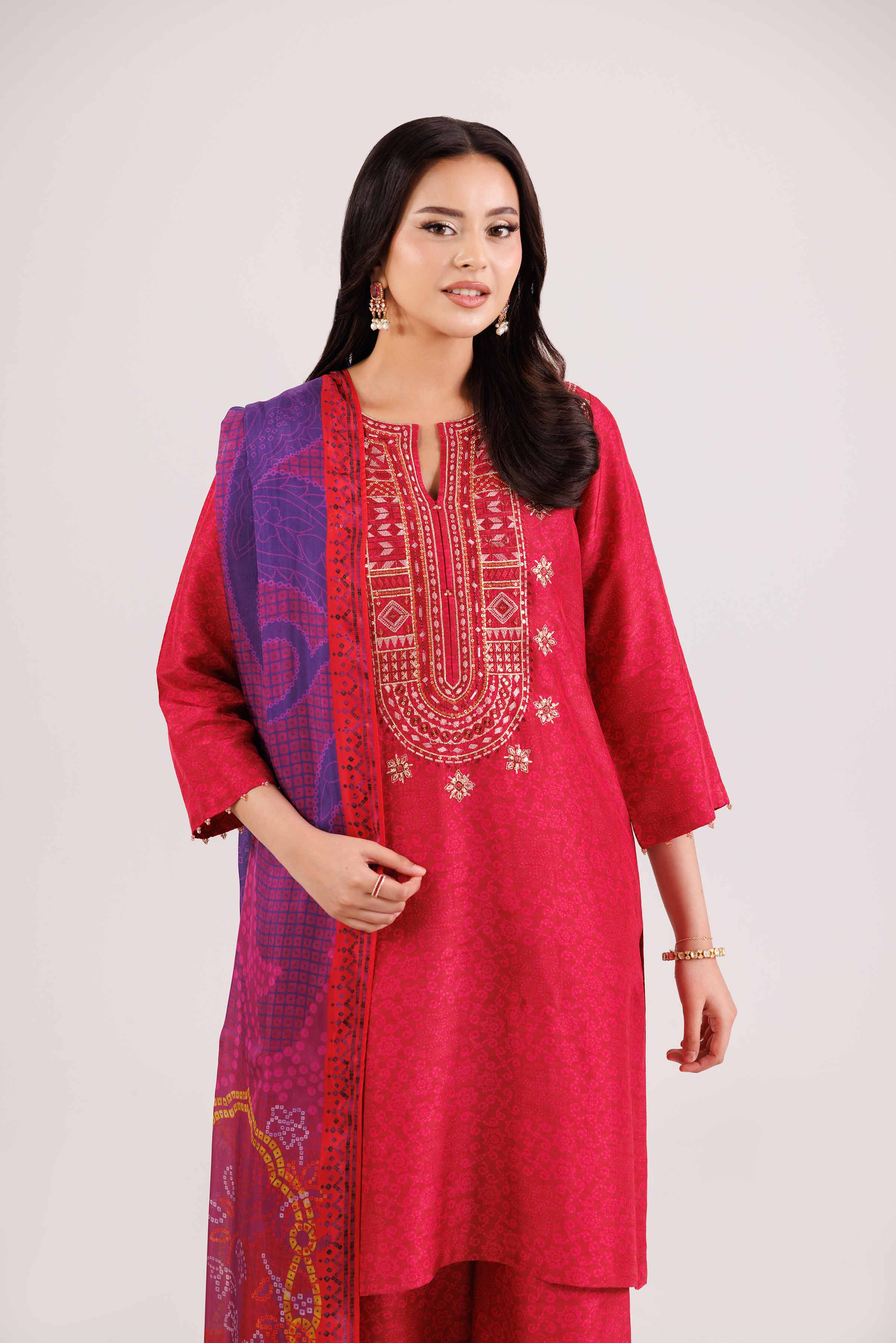 3 Piece - Printed Embroidered Suit - KFW25-103 READY TO WEAR - LUXURY Pink Silk 3PC Embroidered