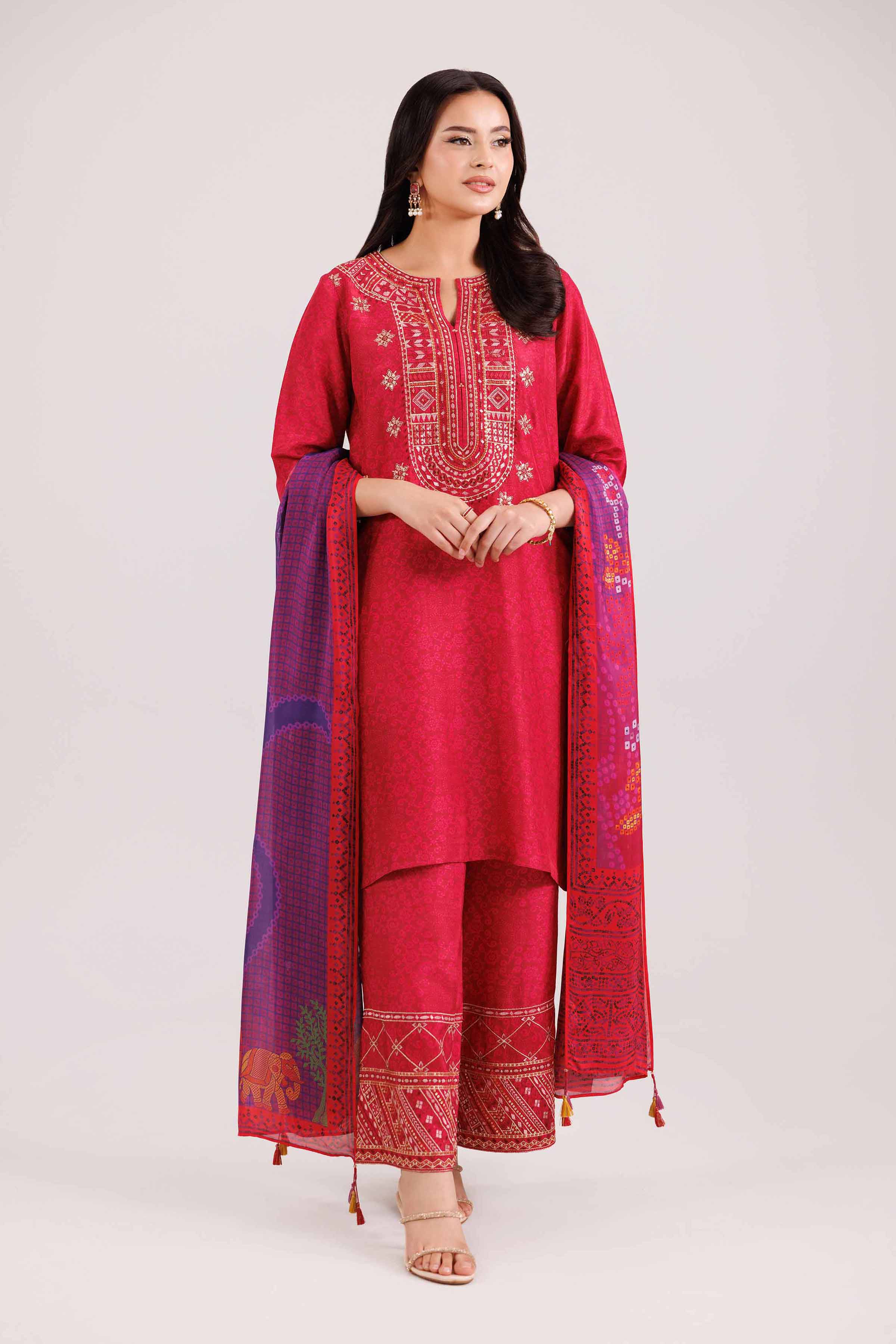 3 Piece - Printed Embroidered Suit - KFW25-103 READY TO WEAR - LUXURY Pink Silk 3PC Embroidered