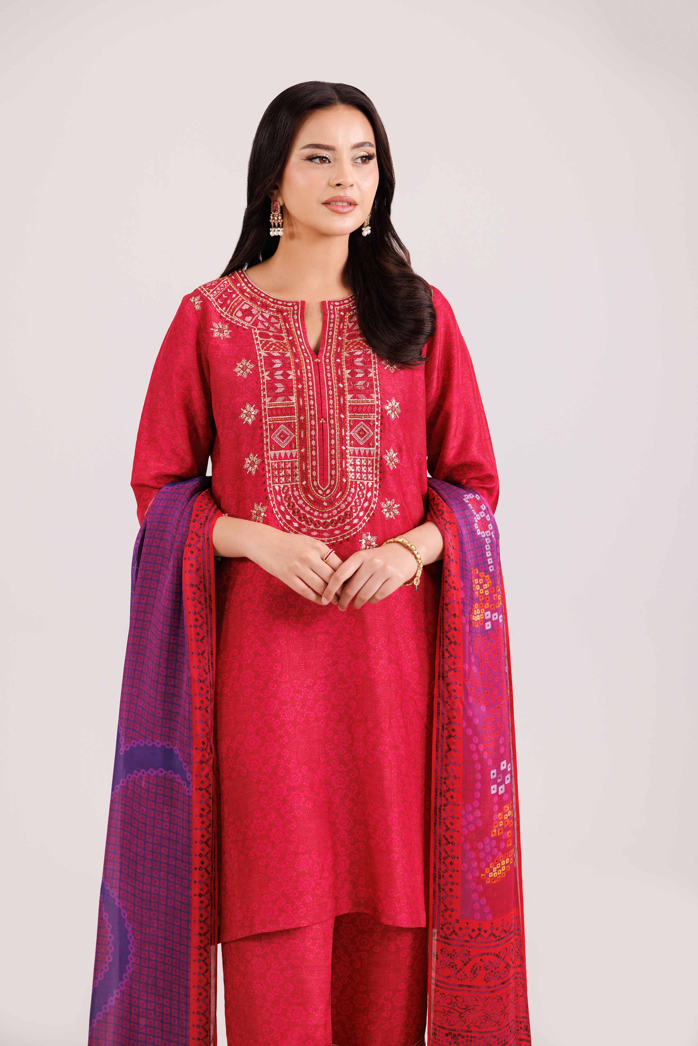 3 Piece - Printed Embroidered Suit - KFW25-103 READY TO WEAR - LUXURY Pink Silk 3PC Embroidered