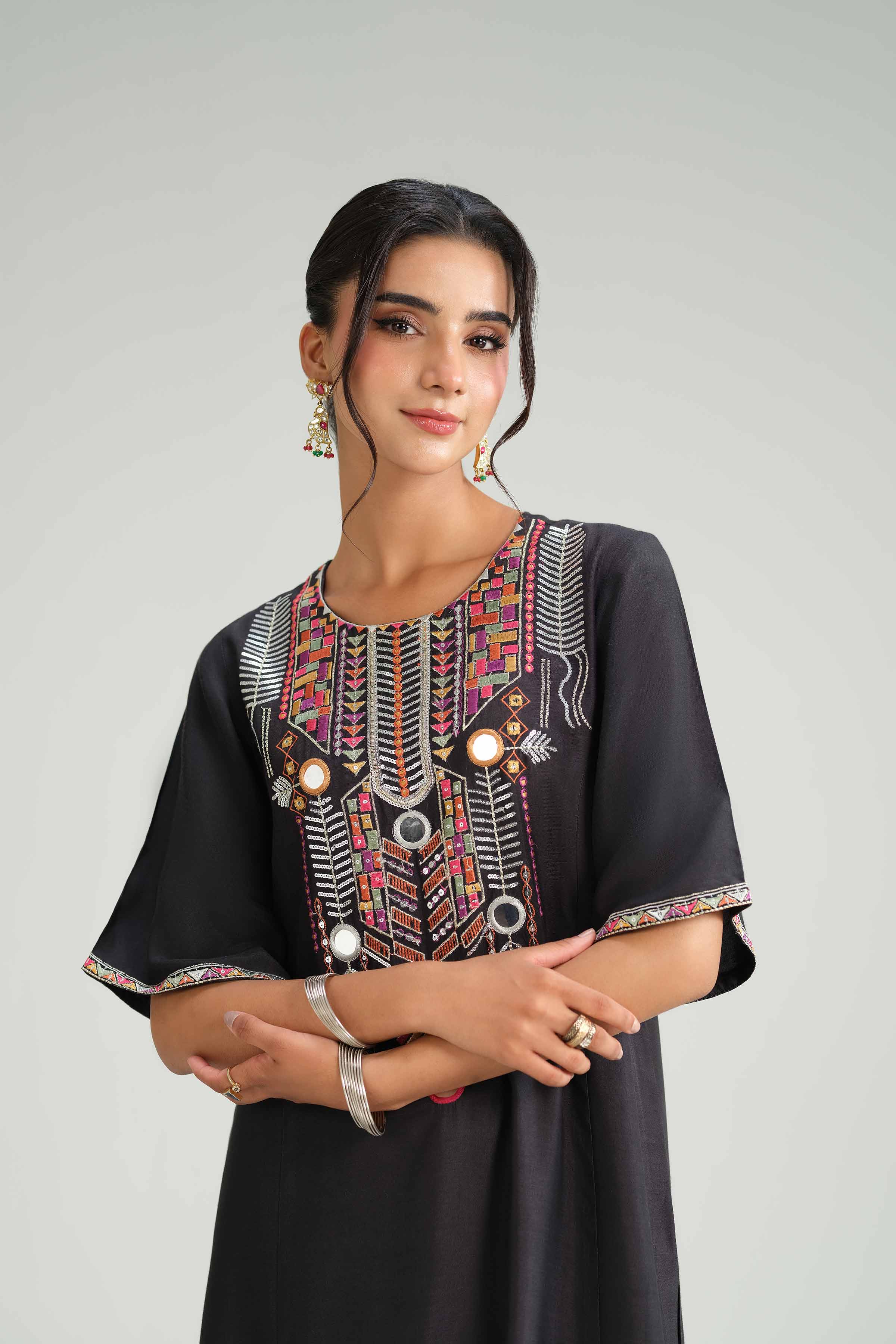 2 Piece - Embroidered Suit - KFW25-105 READY TO WEAR - LUXURY Black Silk 2PC Embroidered
