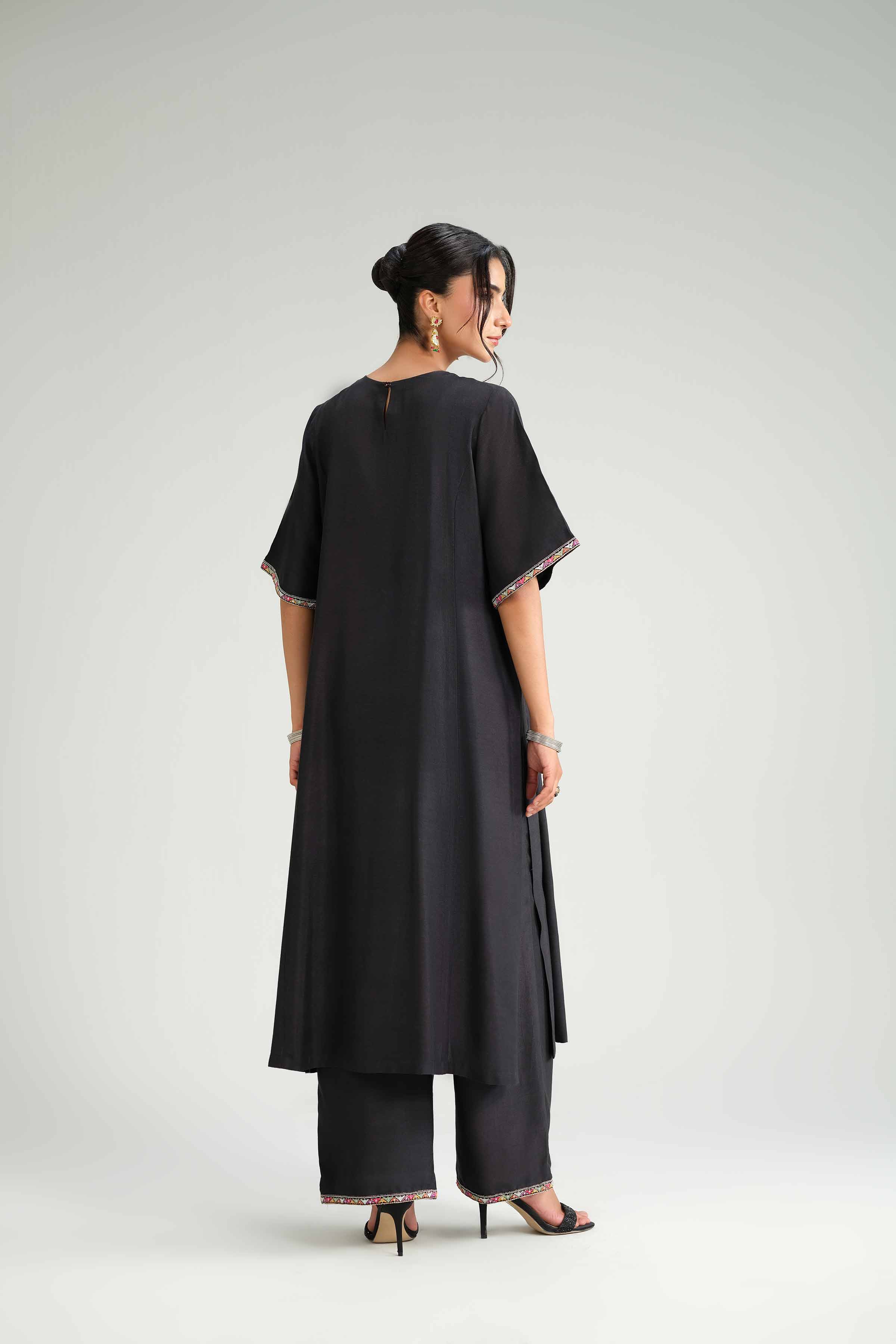 2 Piece - Embroidered Suit - KFW25-105 READY TO WEAR - LUXURY Black Silk 2PC Embroidered