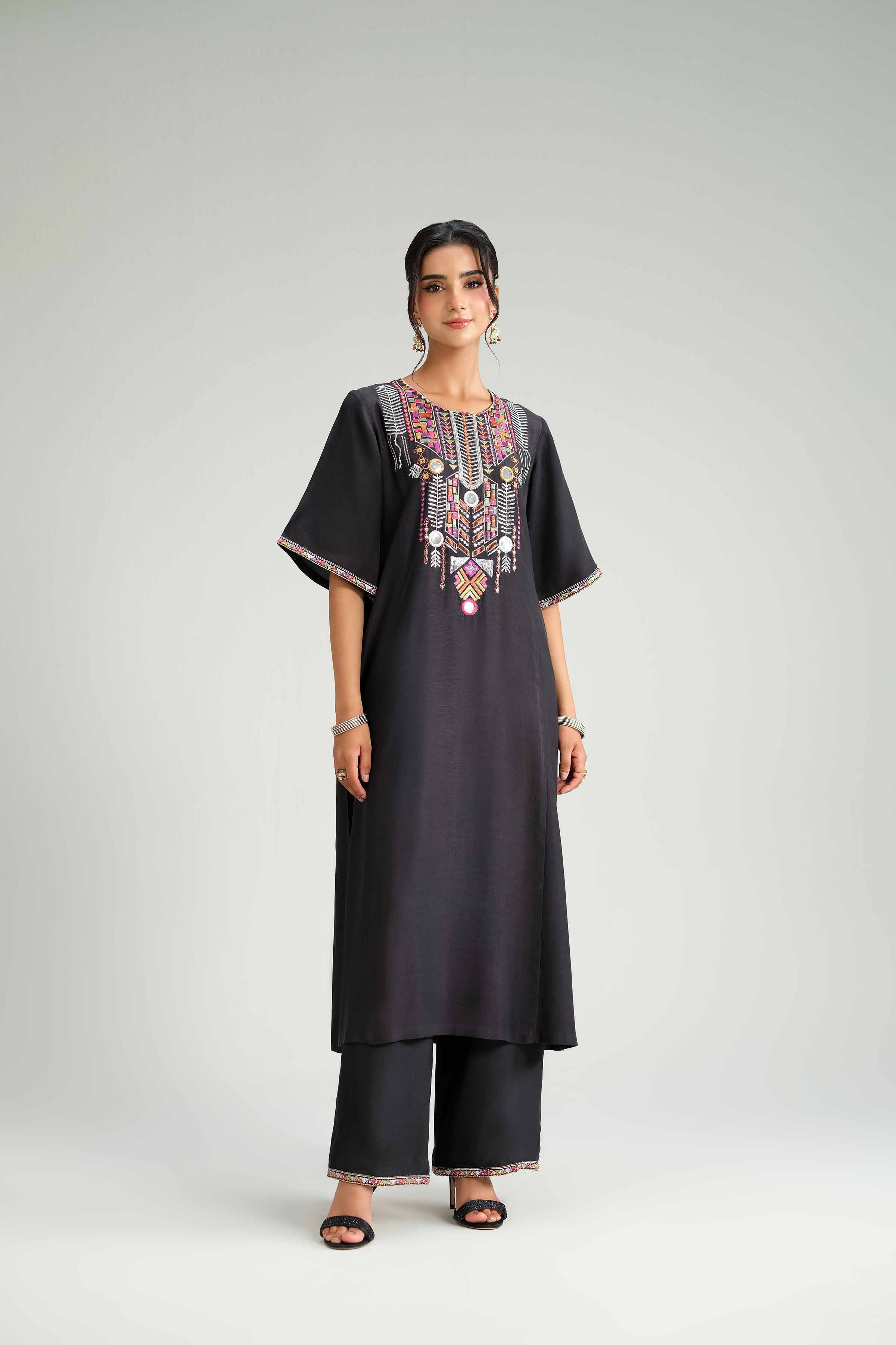 2 Piece - Embroidered Suit - KFW25-105 READY TO WEAR - LUXURY Black Silk 2PC Embroidered