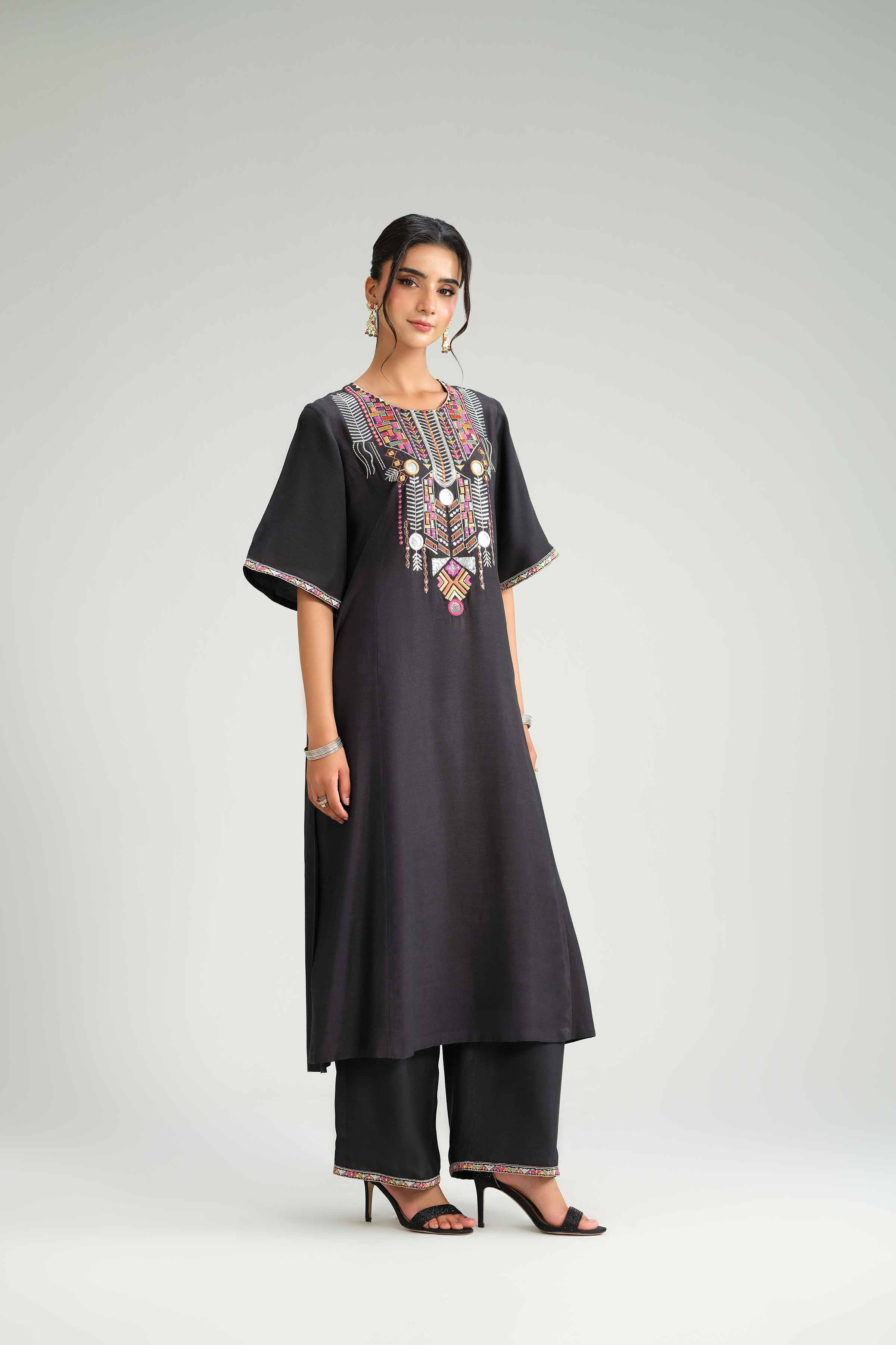 2 Piece - Embroidered Suit - KFW25-105 READY TO WEAR - LUXURY Black Silk 2PC Embroidered