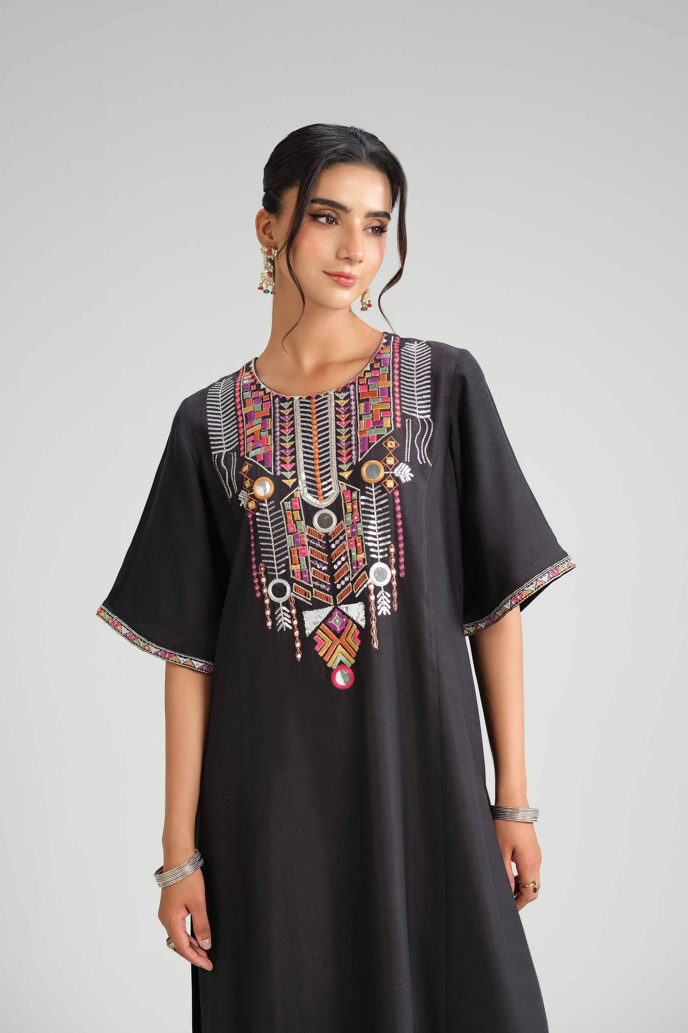 2 Piece - Embroidered Suit - KFW25-105 READY TO WEAR - LUXURY Black Silk 2PC Embroidered