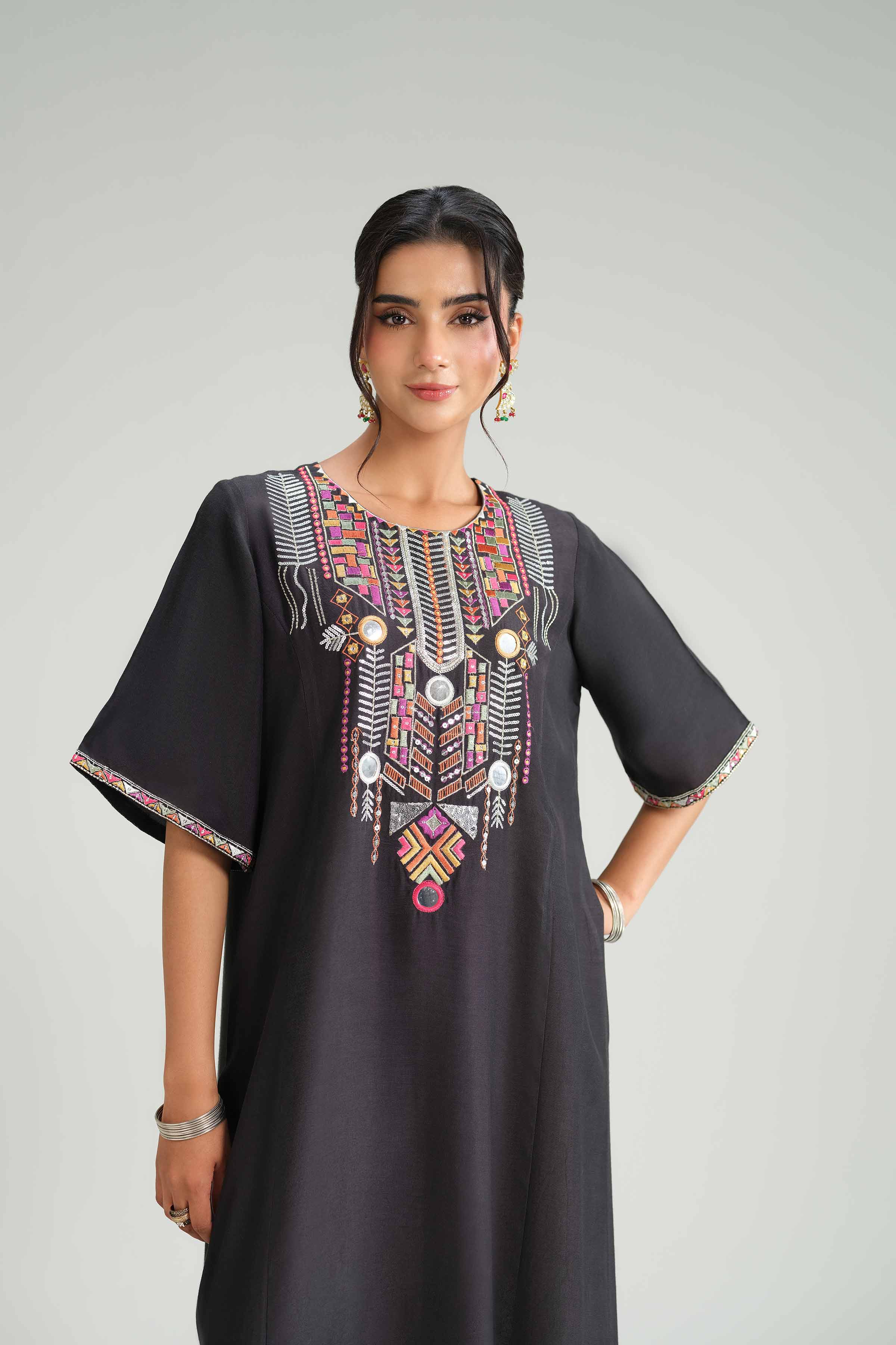 2 Piece - Embroidered Suit - KFW25-105 READY TO WEAR - LUXURY Black Silk 2PC Embroidered
