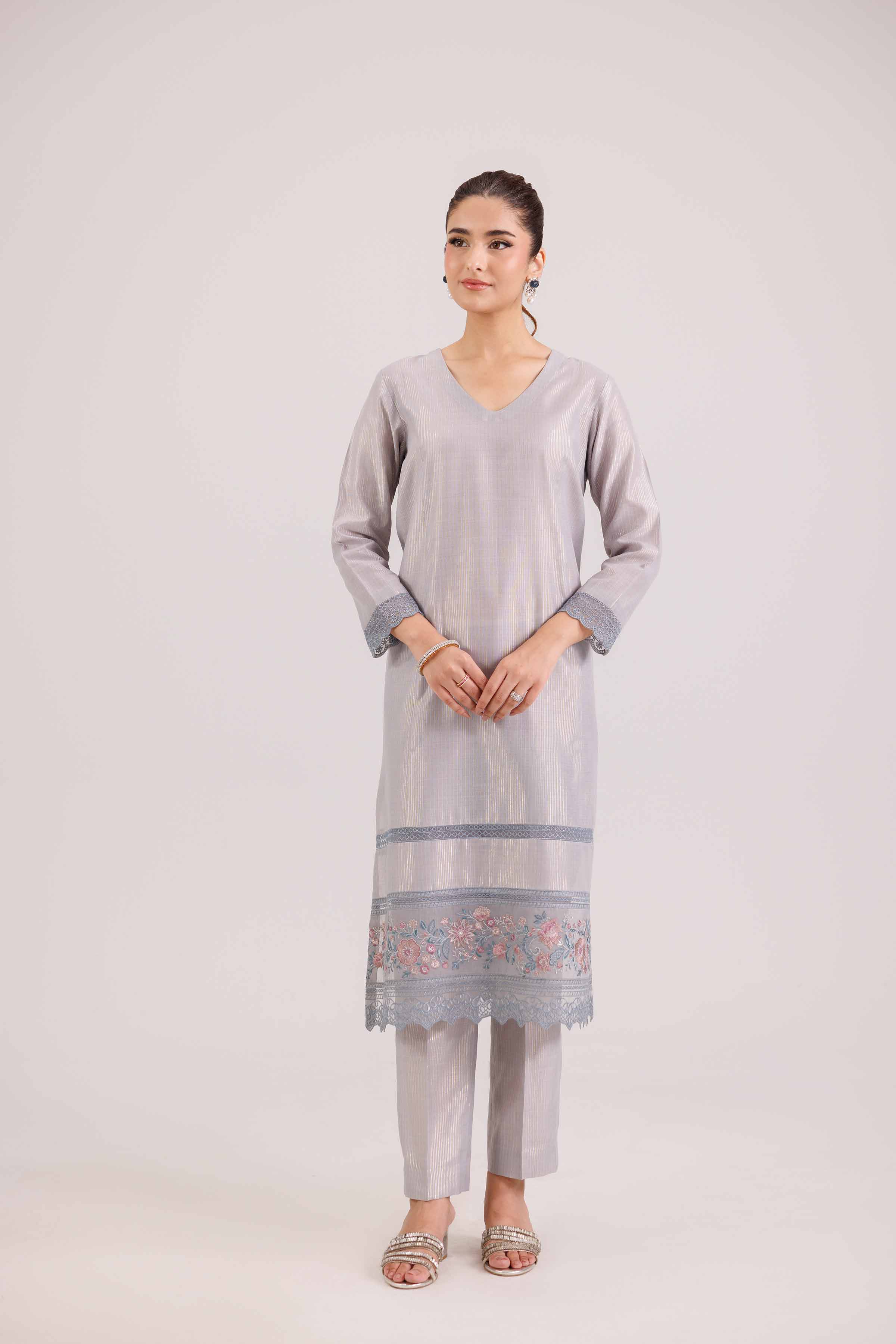 2 Piece - Embroidered Suit - KFW25-138 READY TO WEAR - LUXURY Grey Yarn Dyed 2PC Embroidered