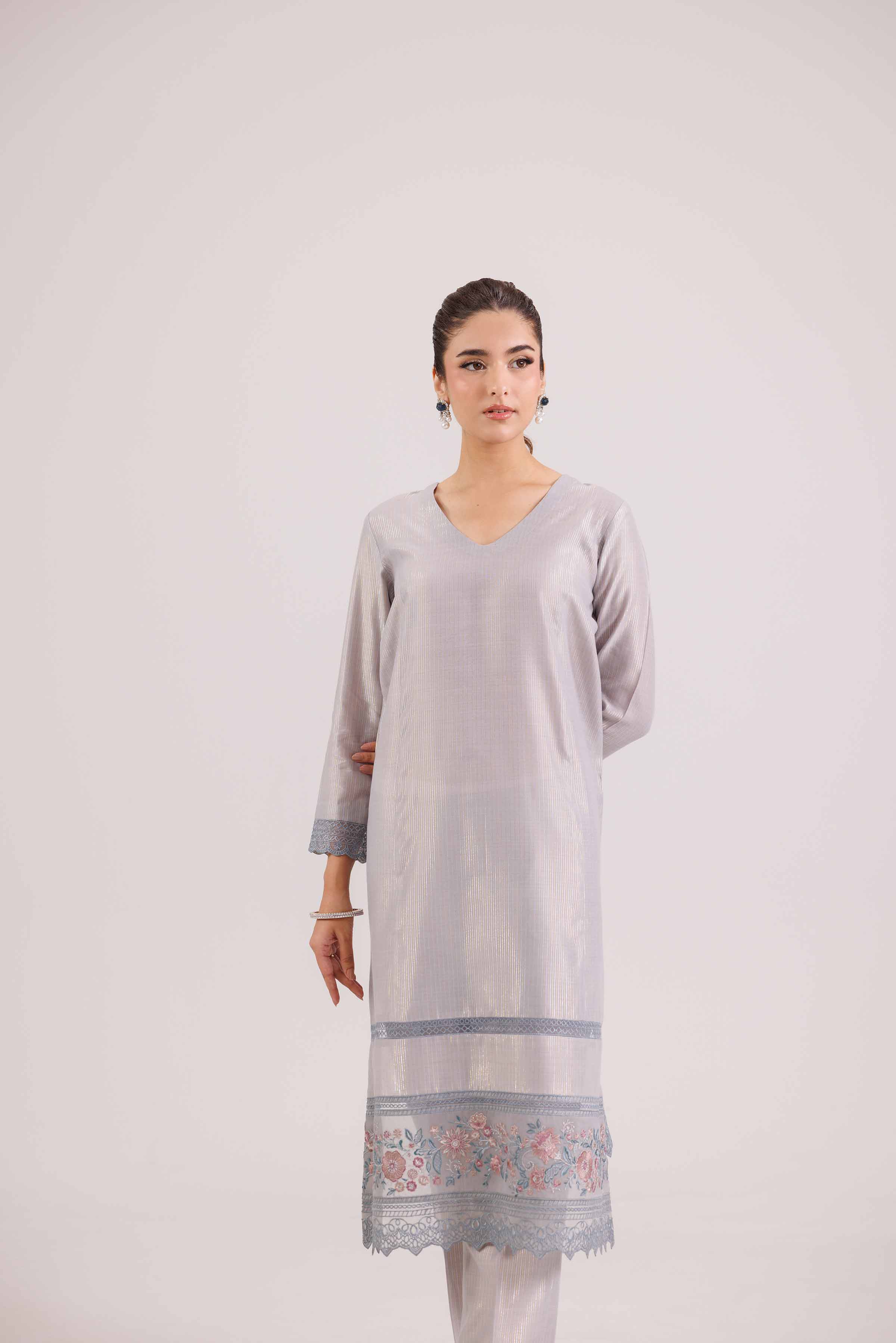 2 Piece - Embroidered Suit - KFW25-138 READY TO WEAR - LUXURY Grey Yarn Dyed 2PC Embroidered