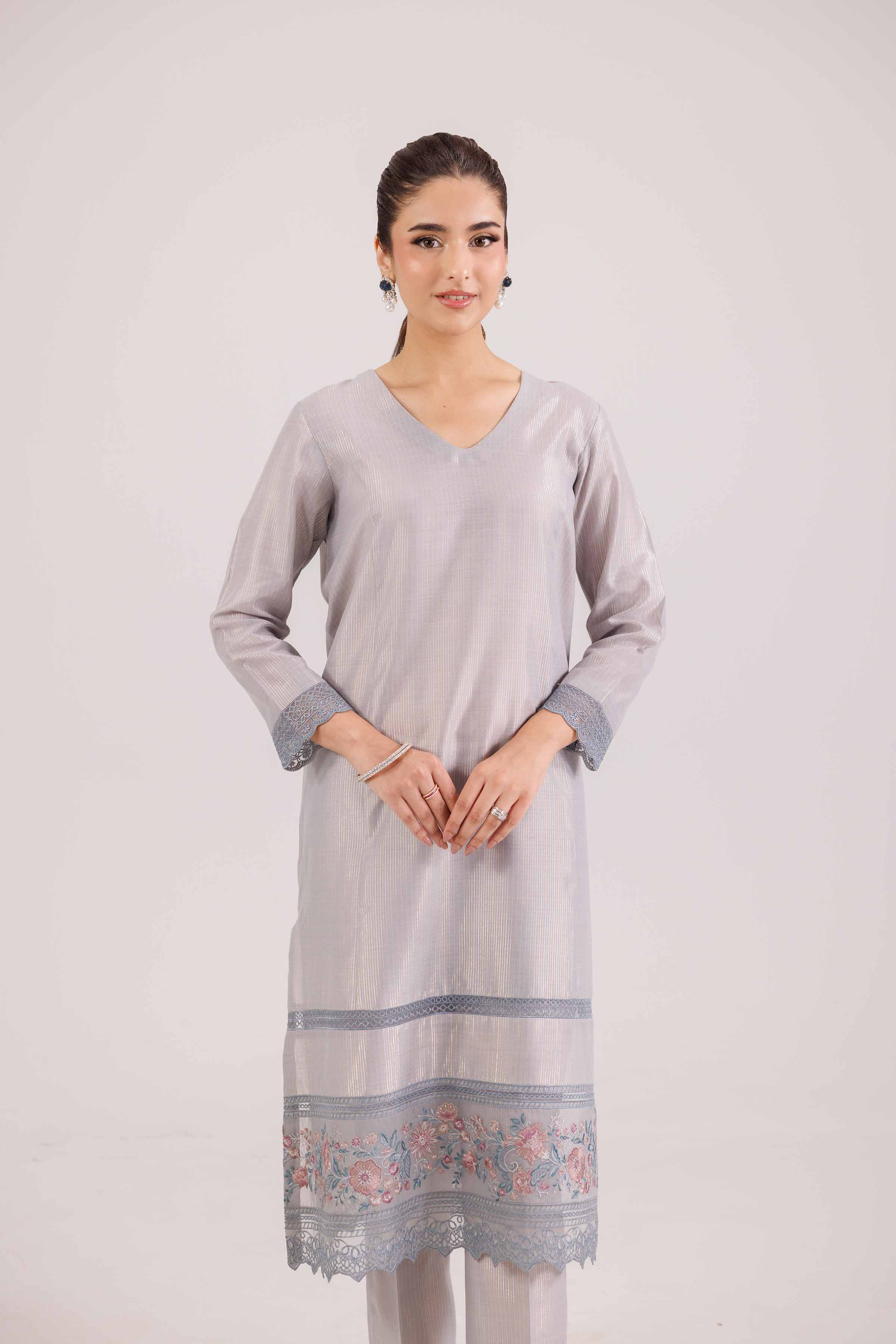 2 Piece - Embroidered Suit - KFW25-138 READY TO WEAR - LUXURY Grey Yarn Dyed 2PC Embroidered