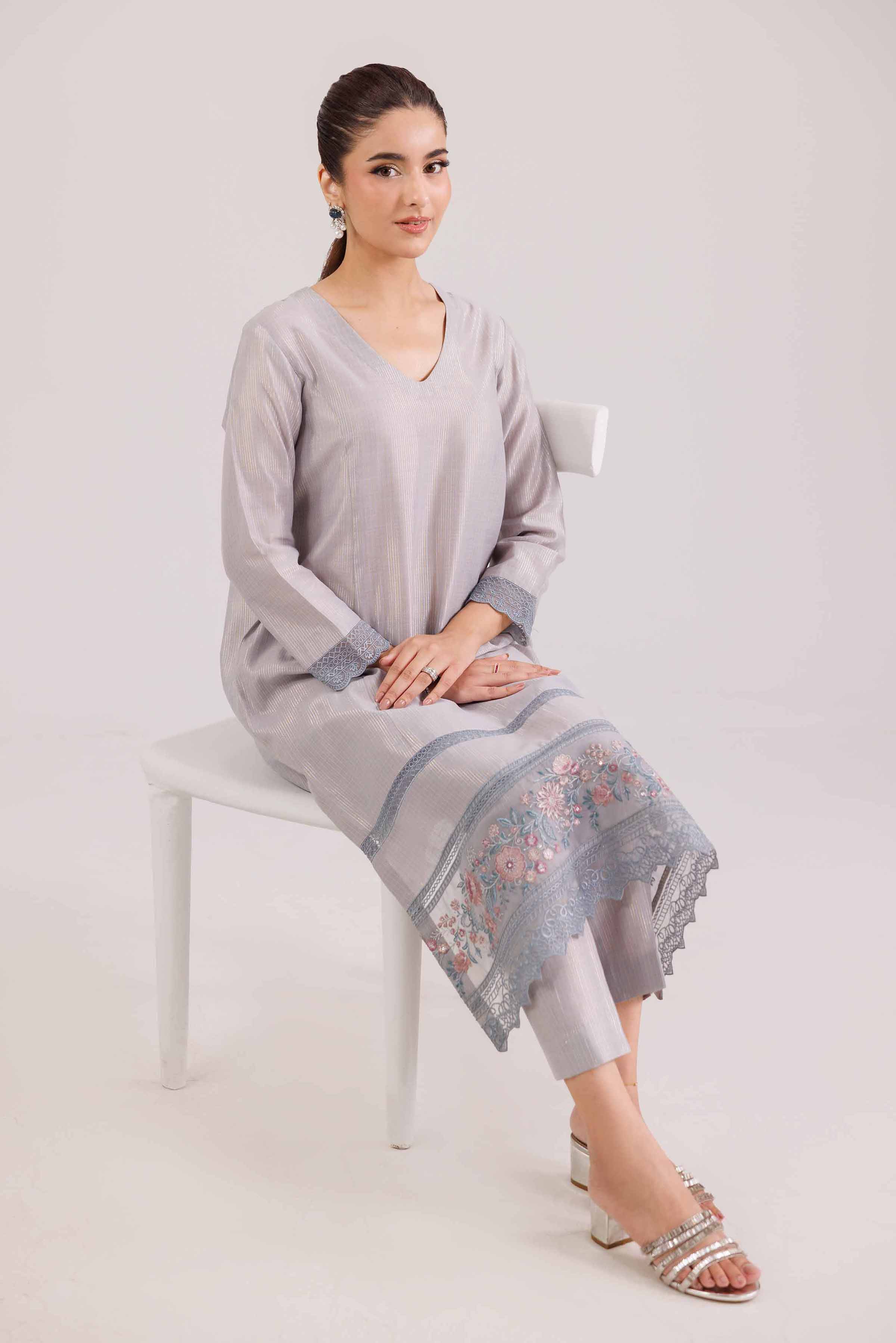 2 Piece - Embroidered Suit - KFW25-138 READY TO WEAR - LUXURY Grey Yarn Dyed 2PC Embroidered
