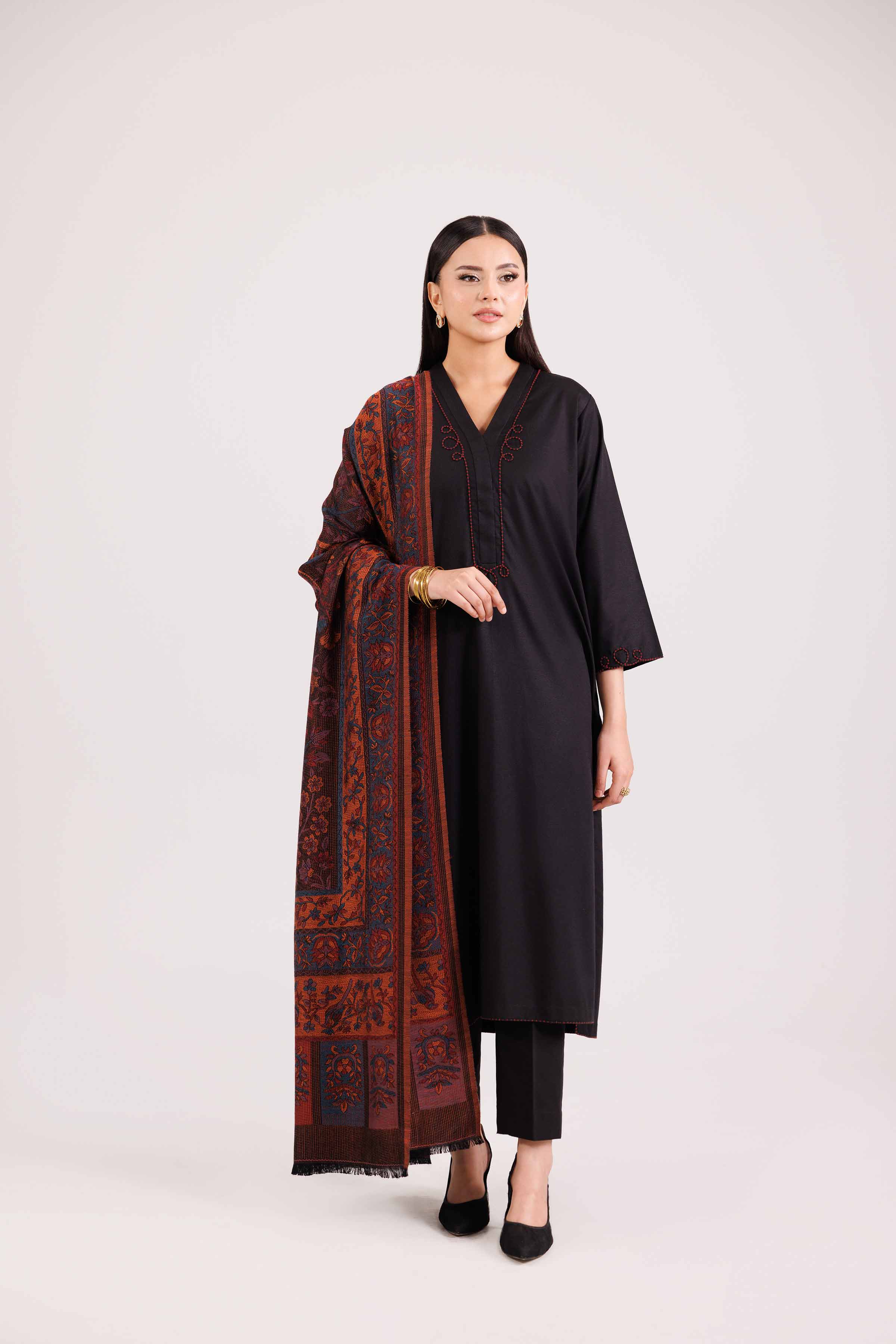 3 Piece - Embroidered Suit - KFW25-175 READY TO WEAR - LUXURY Black Karandi 3PC Embroidered