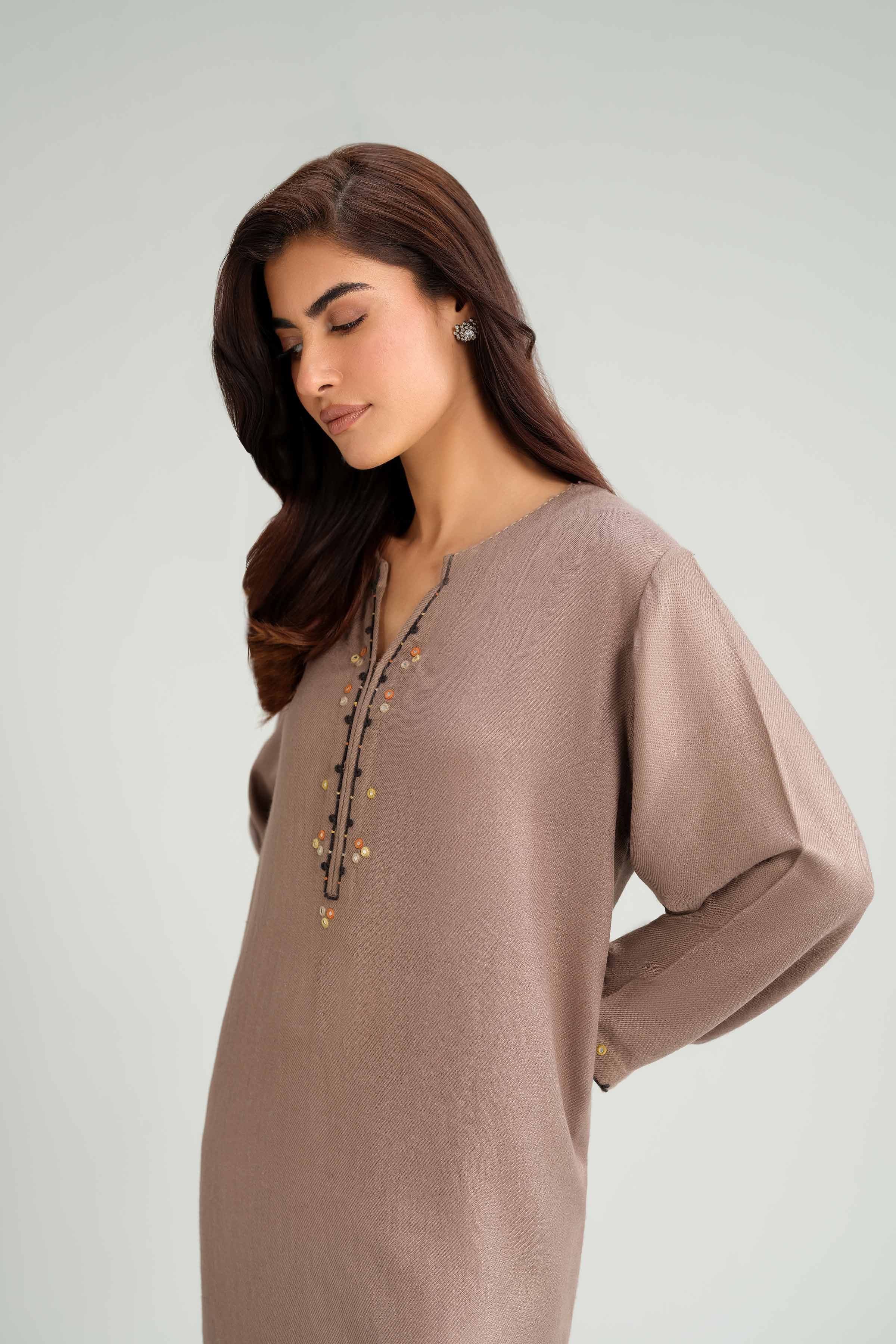 2 Piece - Embroidered Suit - KFW25-200 READY TO WEAR - LUXURY Brown Wool 2PC Embroidered
