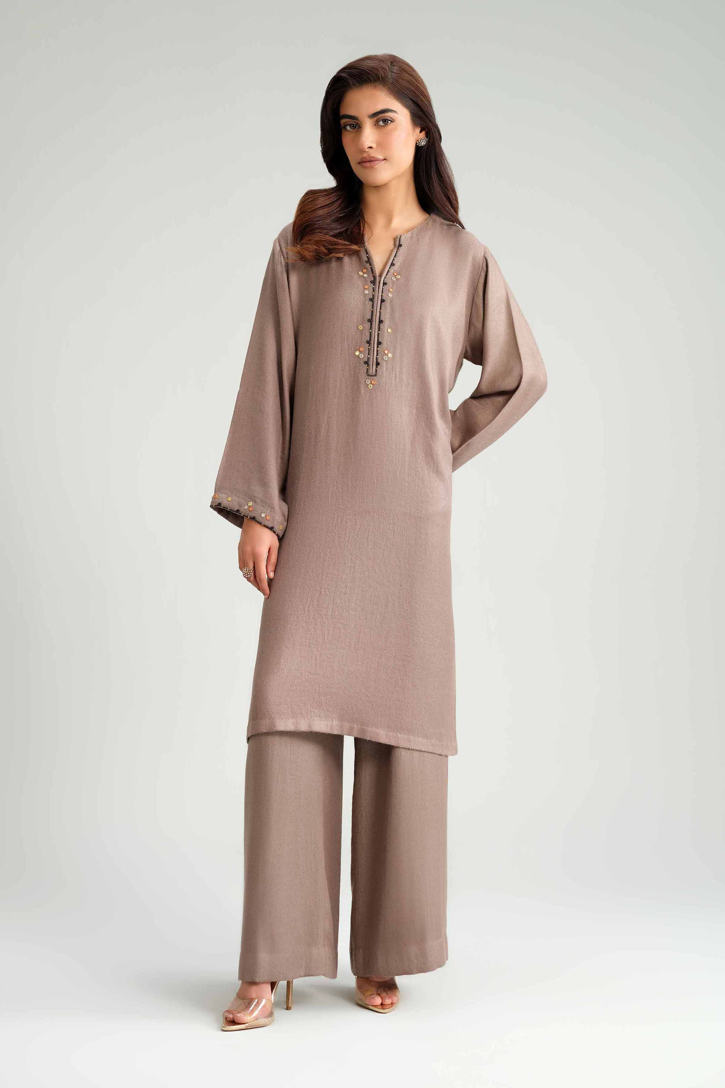 2 Piece - Embroidered Suit - KFW25-200 READY TO WEAR - LUXURY Brown Wool 2PC Embroidered
