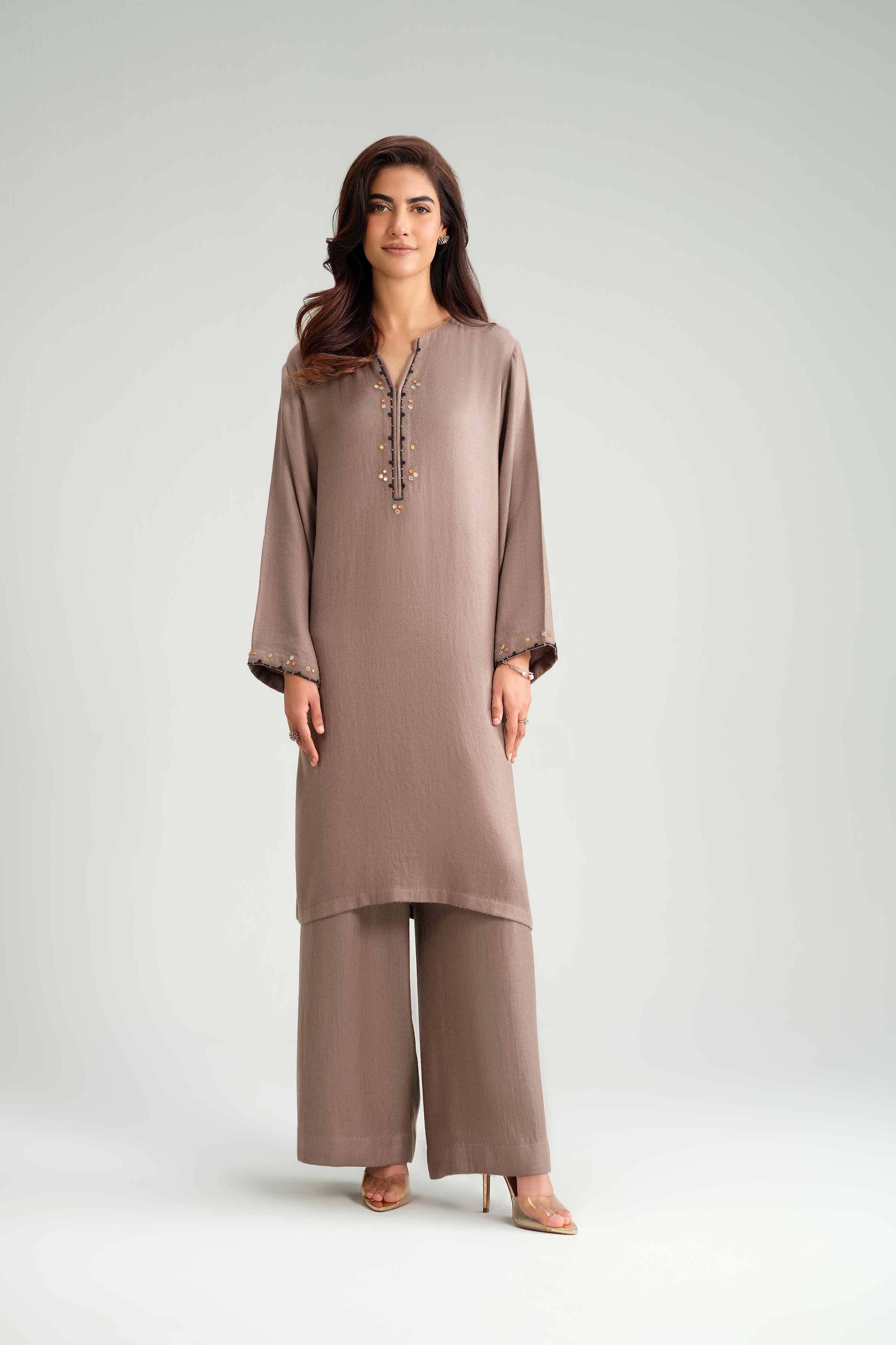 2 Piece - Embroidered Suit - KFW25-200 READY TO WEAR - LUXURY Brown Wool 2PC Embroidered