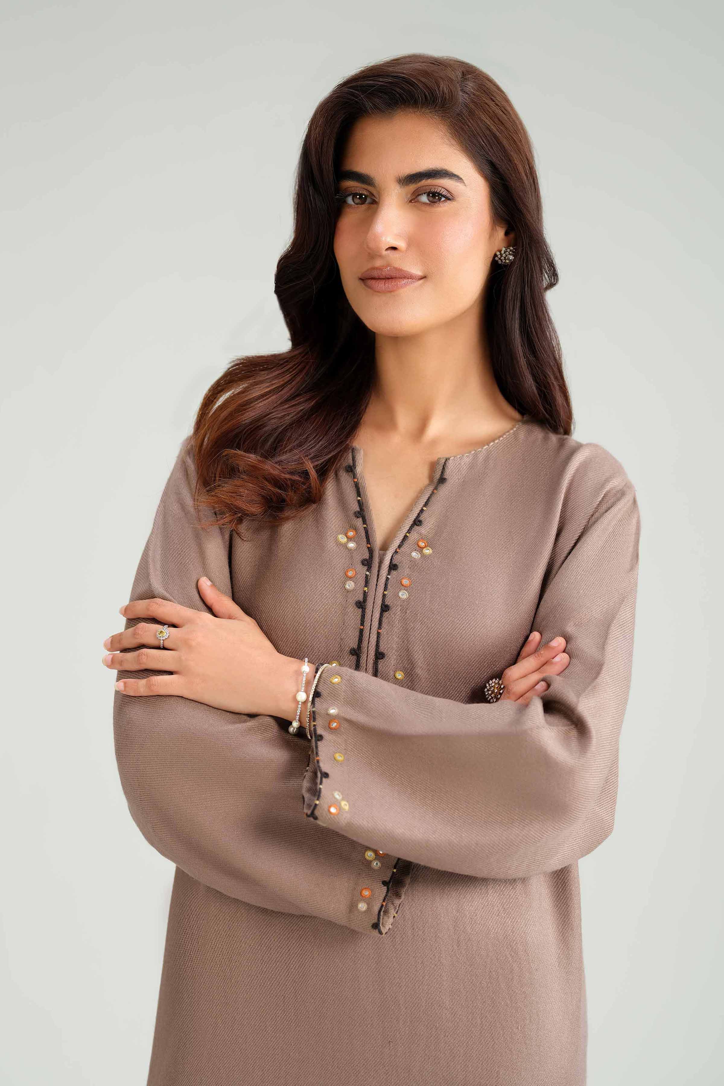 2 Piece - Embroidered Suit - KFW25-200 READY TO WEAR - LUXURY Brown Wool 2PC Embroidered