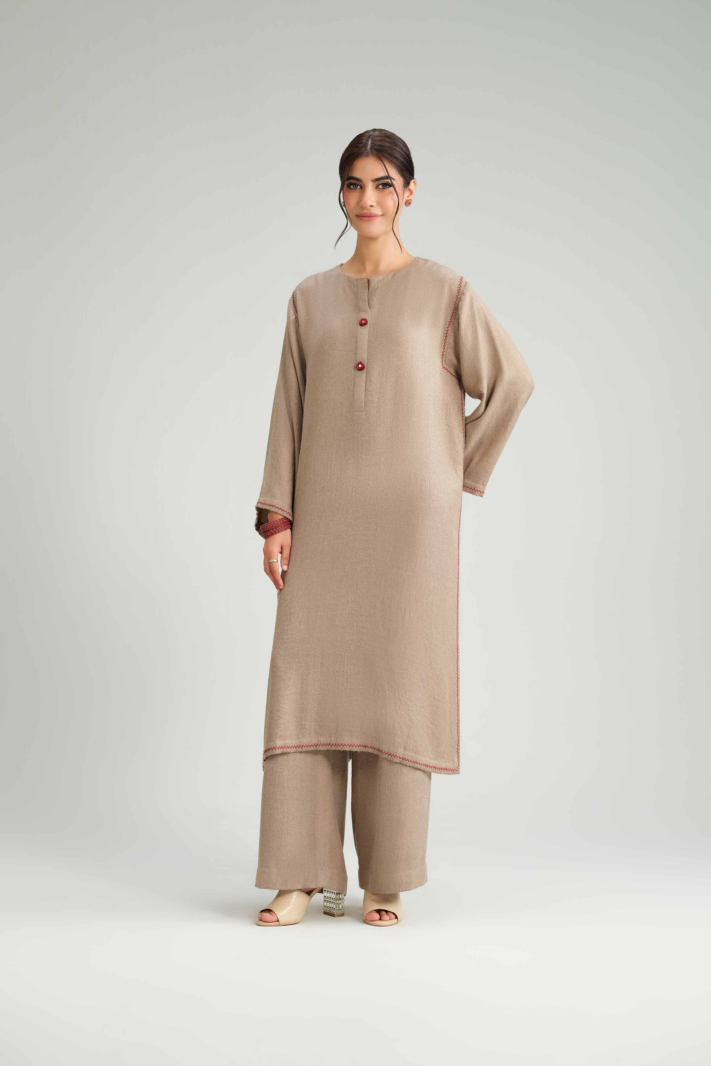 2 Piece - Embroidered Suit - KFW25-203 READY TO WEAR Brown Wool 2PC Embroidered